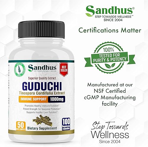 Miniatura 5 de Sandhu's Guduchi (Tinospora Cordifolia) Giloy 100 cápsulas vegetarianas de apoyo inmunológico 1000mg por porción