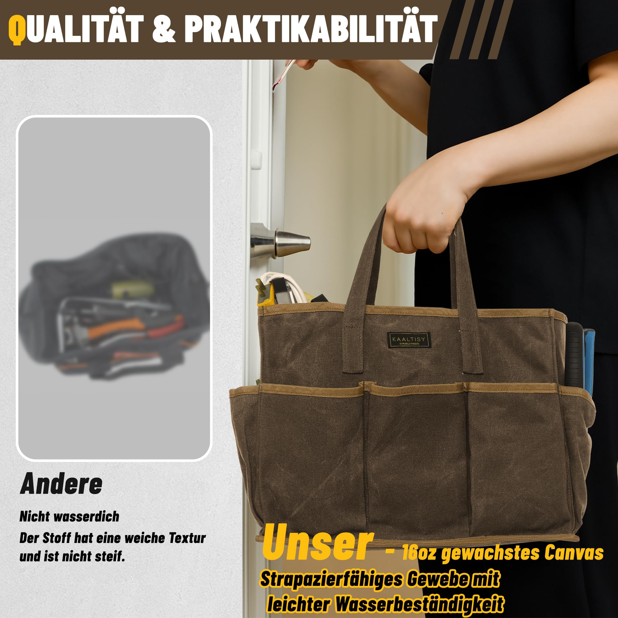 Canvas Werkzeug Tasche, 16OZ Waxed Canvas Werkzeug - Aufbewahrungstasche für Gartengeräte Schraubenzieher - Grau, Tragbare 11 Taschen Garten Tote Bag mit Griff (36 x 14 x 26.5cm)