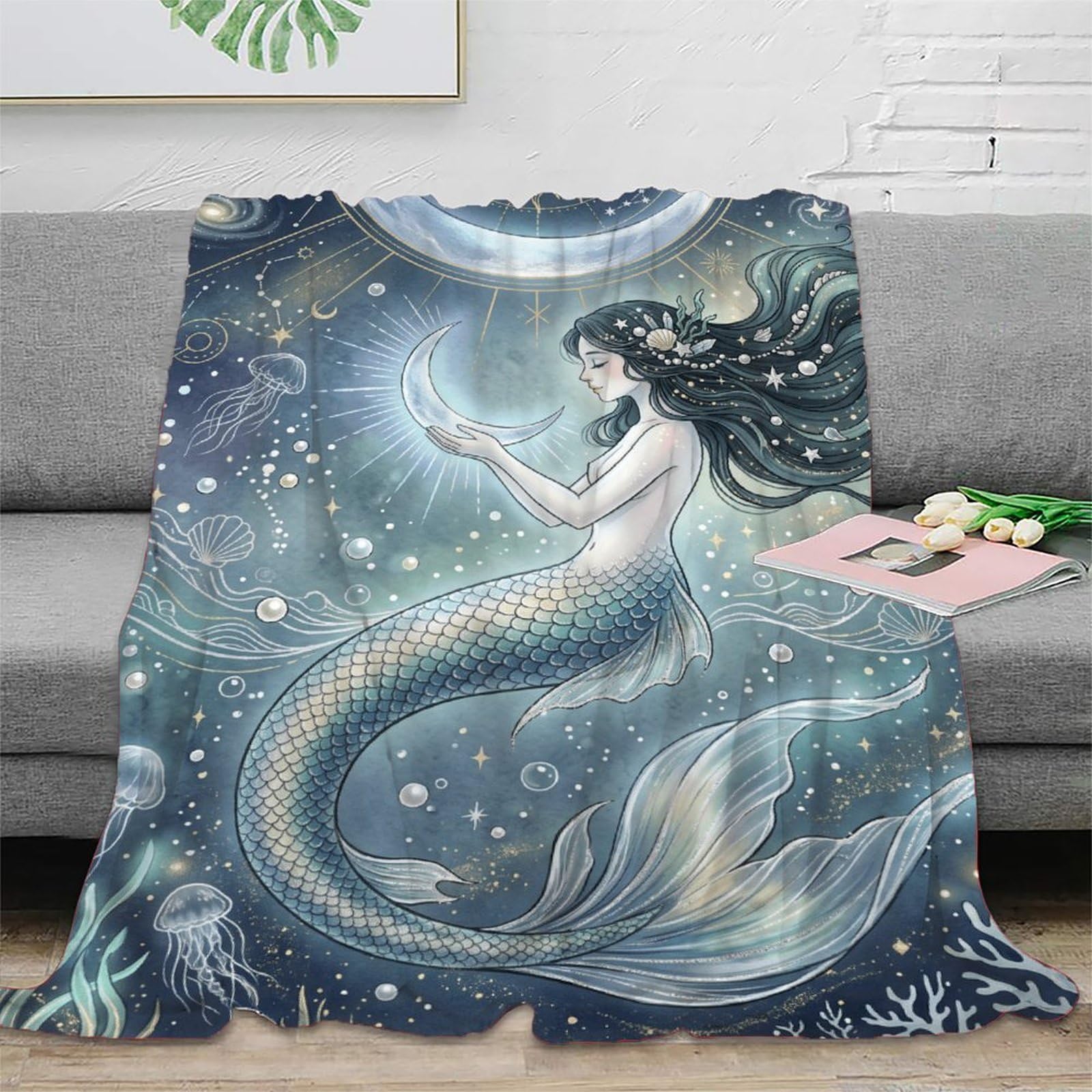 H3B8U2Y5 Moon Mermaid Coral Reef Blanket, Ocean Fantasy, Sofa