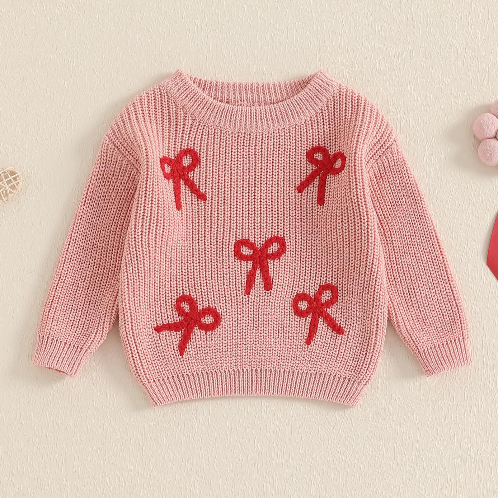 Newborn Baby Girl Sweater Long Sleeve Crew Neck Bow Embroidery Knitted Pullover Toddler Infant Girl Fall Sweatshirt (Pink, 2-3 Years)