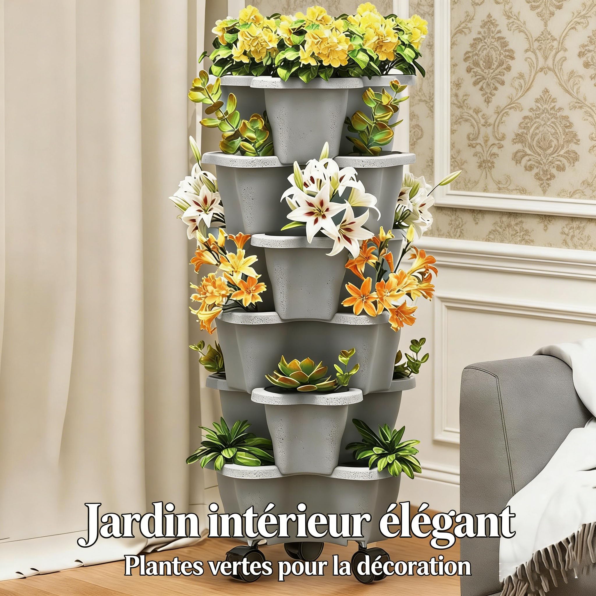Générique Tour A Fraisier, Bac A Fraise en Hauteur, 6 Niveaux pour Fraises Et Herbes Aromatiques, avec Soucoupe À roulettes Amovibles, Tour De Plantation Gain De Place pour Balcon (6B)