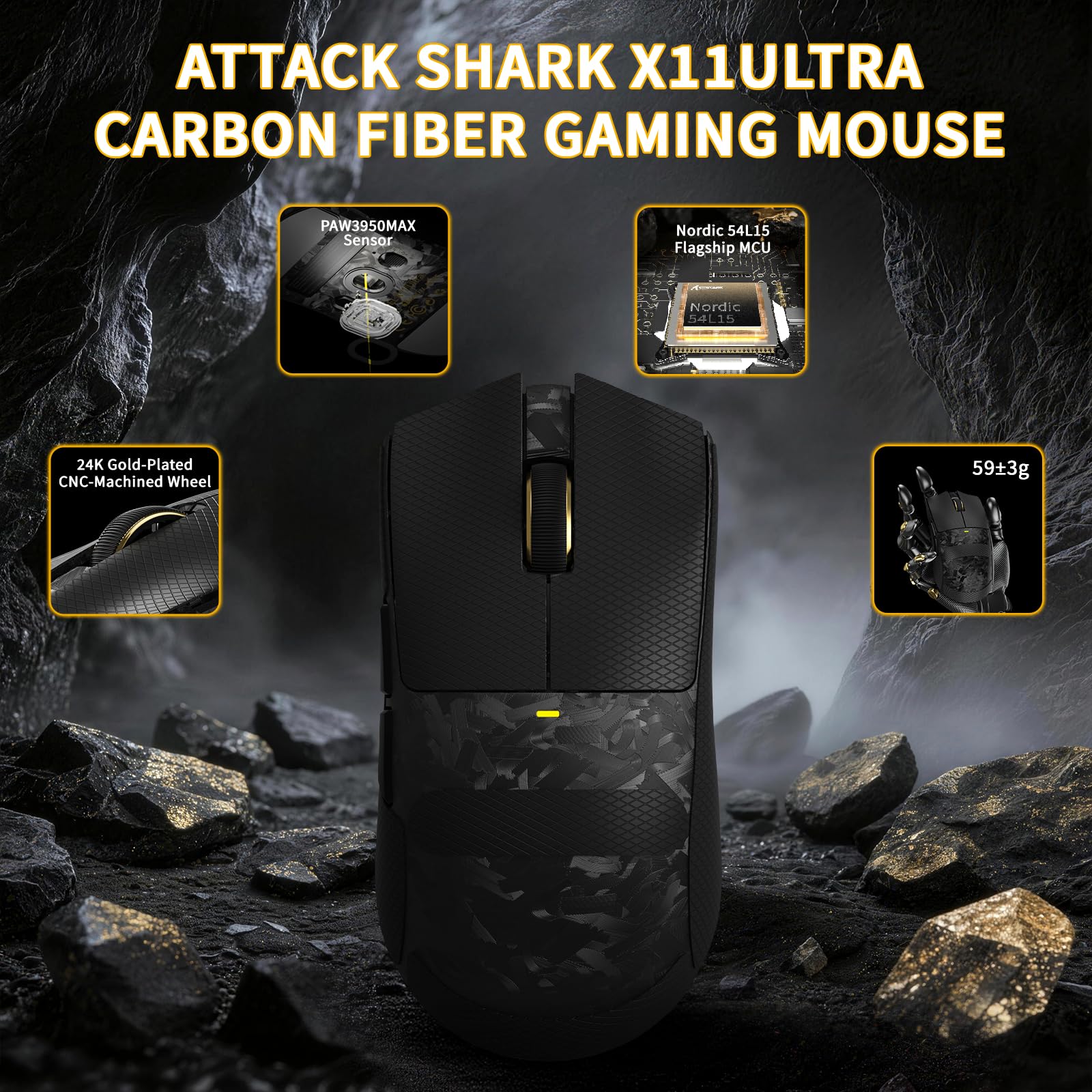 MAMBASNAKE Attack Shark X11 Ultra Ratón Gaming Inalámbrico Fibra de Carbono con Grip Tape, Nordic 54L15, PAW3950MAX, 42000 dpi, 8000Hz, 63g, Dongle Aleta Tiburón, Patas Doble Capa, Negro Forjado