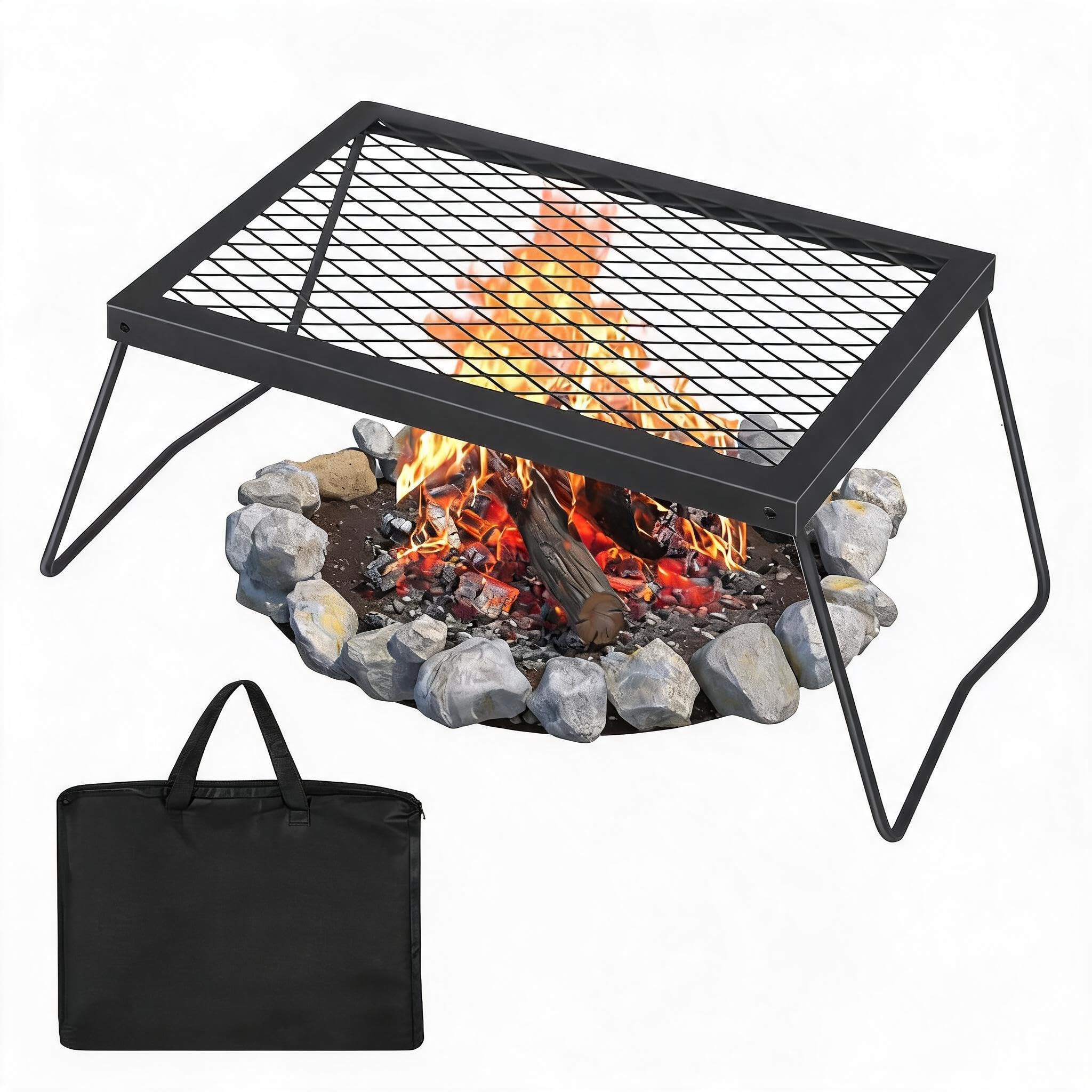 Heavy Duty Stainless Steel Campfire Cooking Grill, Adjustable Height Swivel Grate Tool-Free Assembly Foldable Portable Fire Pit BBQ Rack with Heat Resistant Handle Storage Bag for Camping Hiking Beach