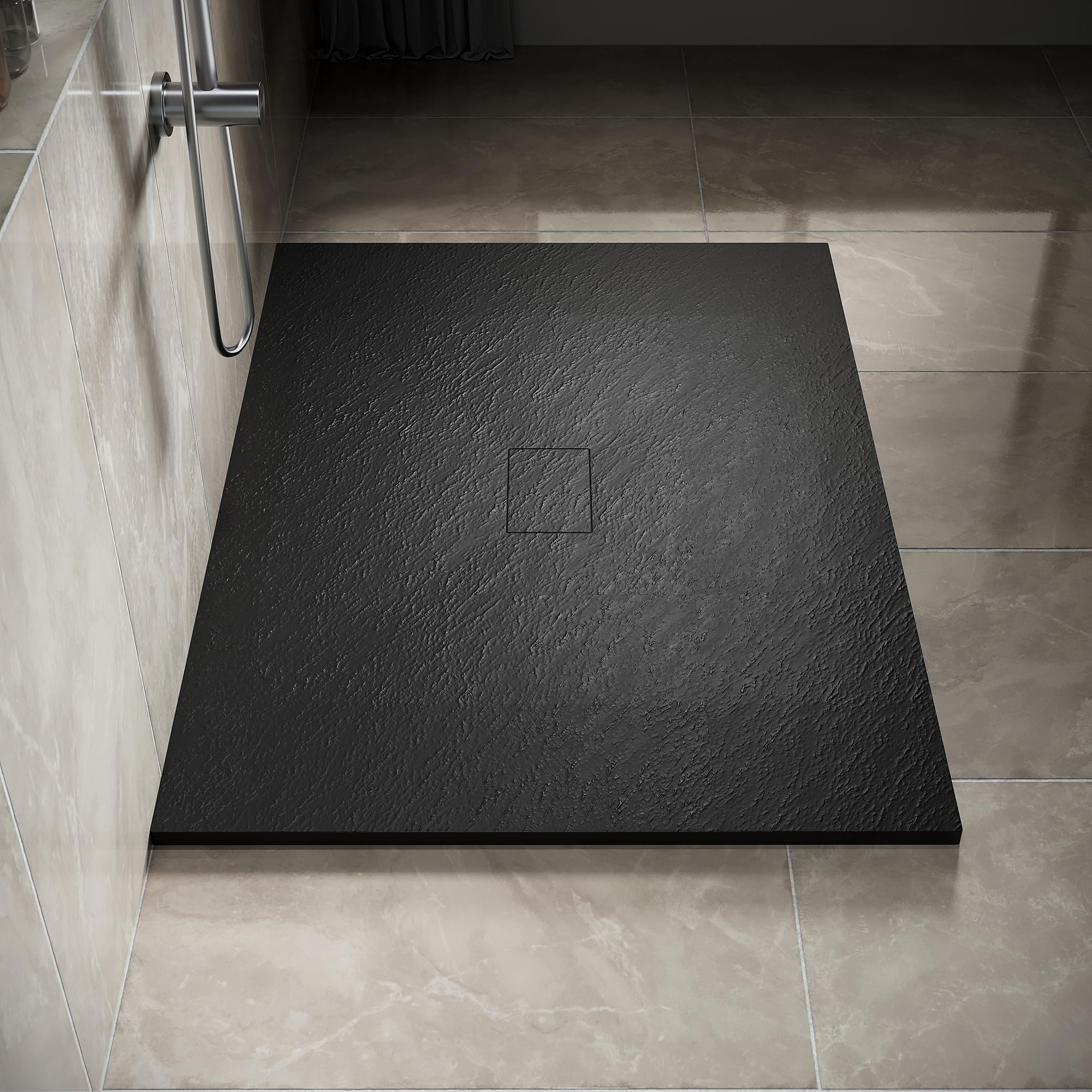 SIRHONA Receveur de Douche, 140 x 100 cm Bac à Douche Antidérapant, Rectangle Noir, Matériau en Résine SMC, avec siphon