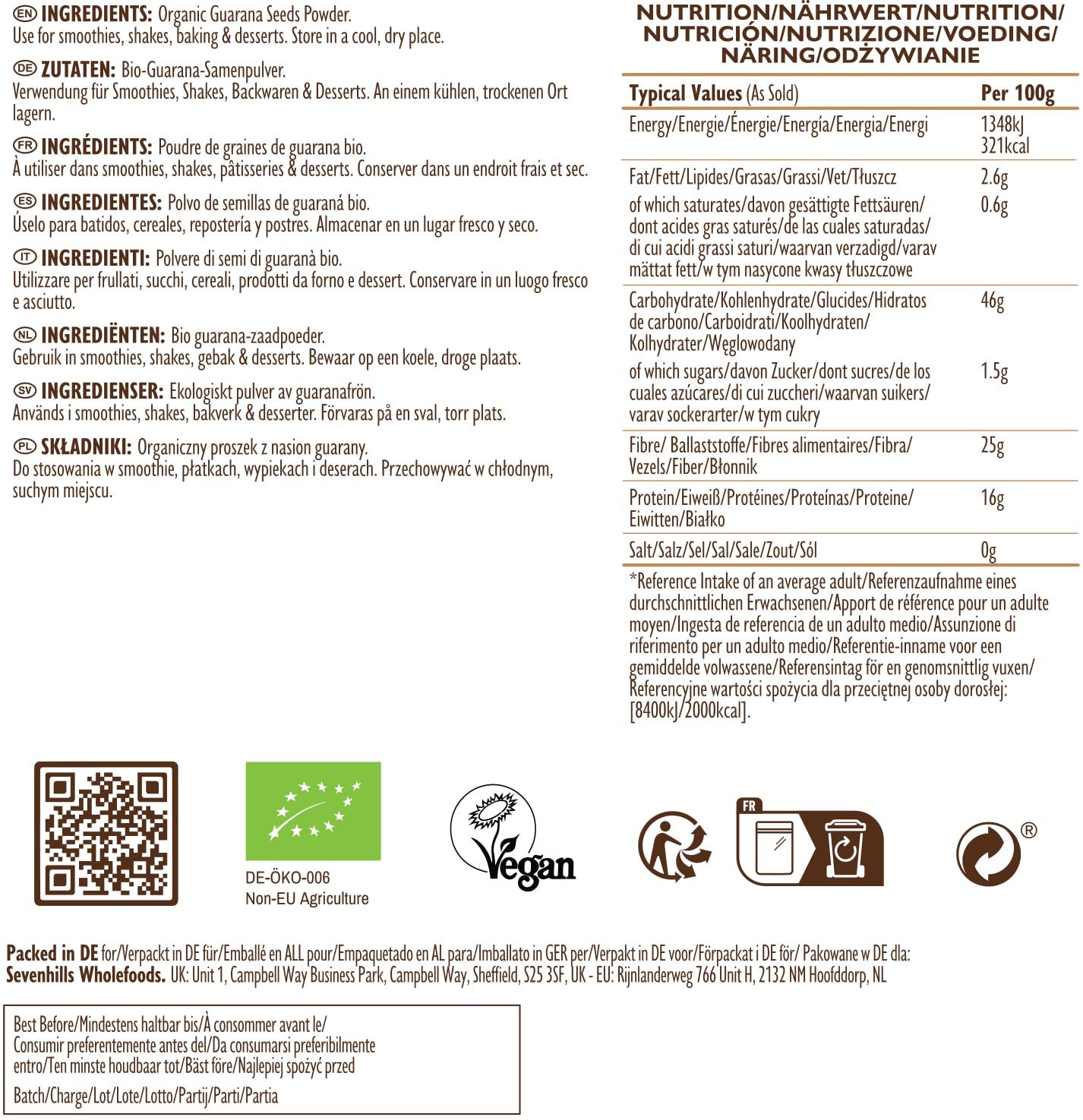 Sevenhills Wholefoods Guarana-Pulver Bio 500g