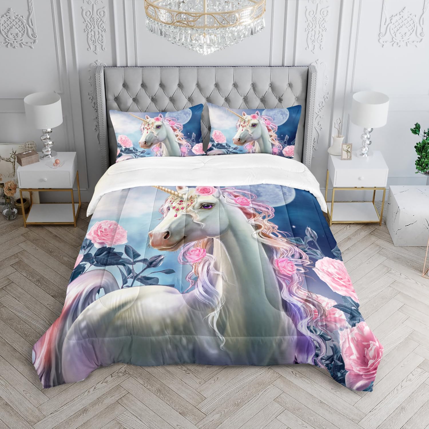 Kid Unicorn Comforter Set Twin Size 3Pcs Moon Star Rose Pattern Quilt Balloon Bedding Set for Boys Girls with 1 Comforter and 2 Pillowcases