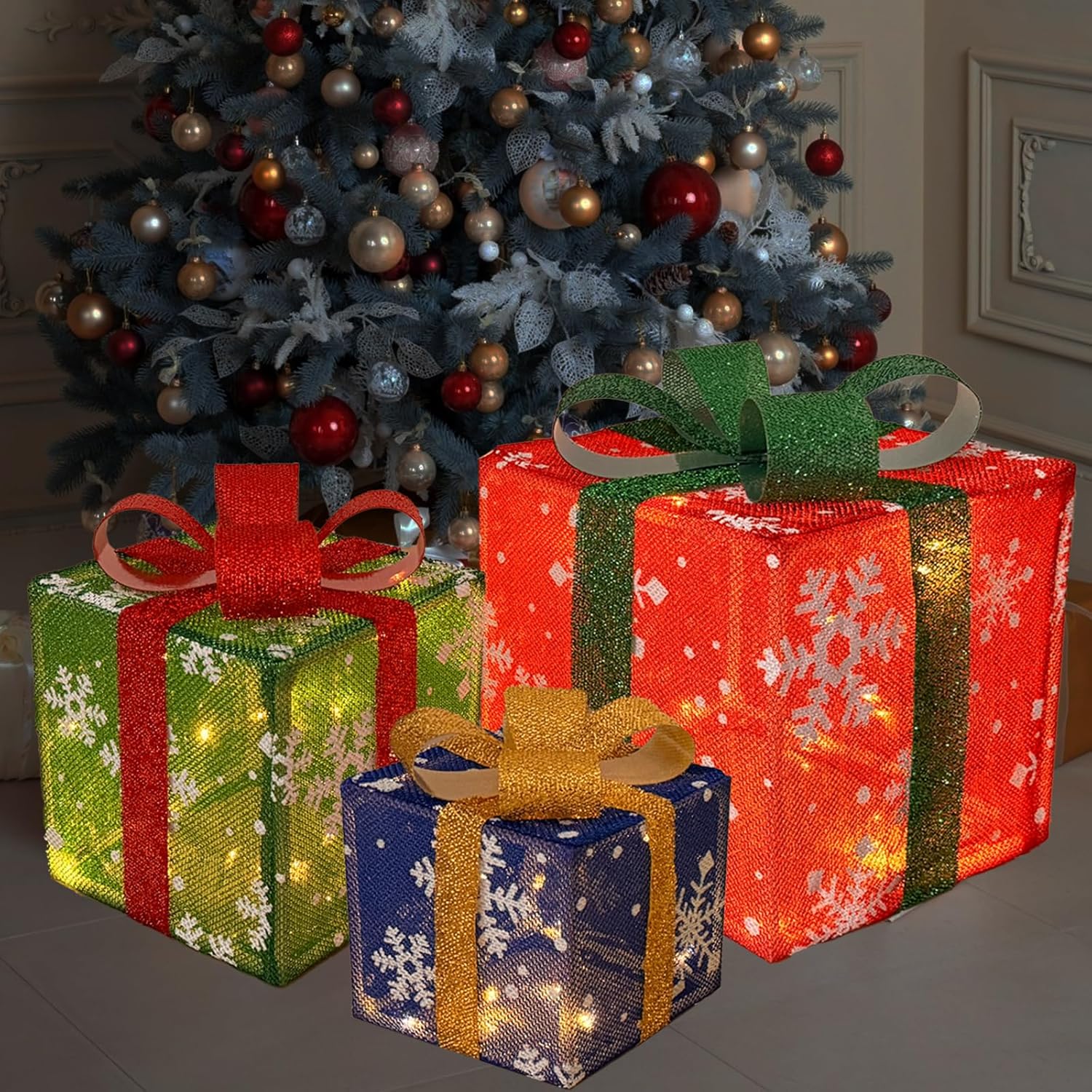 Christmas Decorations Lighted Gift Boxes, Set of 3 50 LED Light up Snowflake Present Boxes with Bow, Suitable for Christmas Indoor Outdoor Decoration Xmas Tree Yard Decor(1 Pack) Gift Box-3 Pack