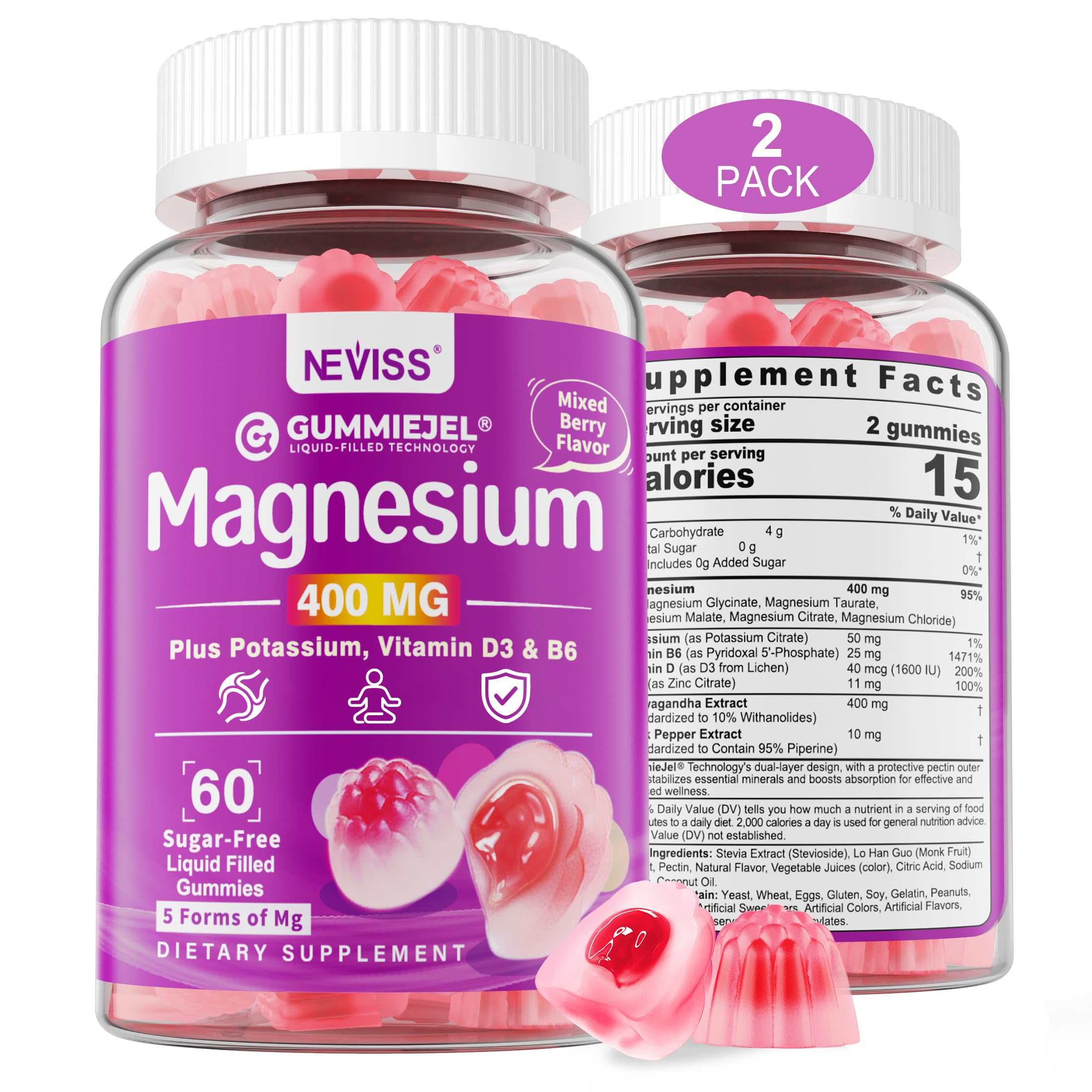 Sugar-Free Magnesium Gummies 400mg | 5-in-1 Complex Magnesium: Glycinate, Citrate, Malate, Chloride & Taurate | with Ashwagandha, Vitamin D3 & Zinc | Calm, Mood & Energy Support | Vegan, 2-Pack