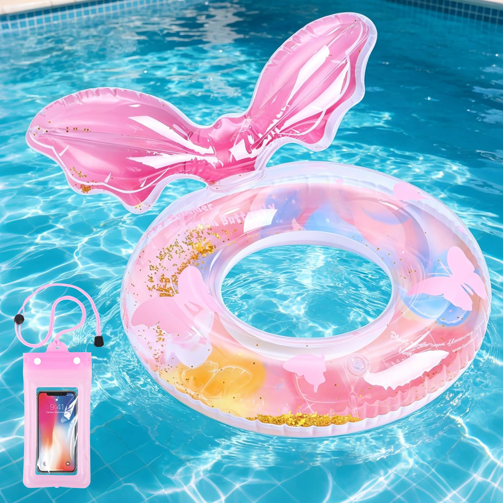 Swimming Ring with Waterproof Phone Pouch for Adults, Durable Inflatable Pool Float, Mermaid Swim Rings Blow Up Pool Tube for Summer Beach Swimming Pool Water Sports Party (Pink)