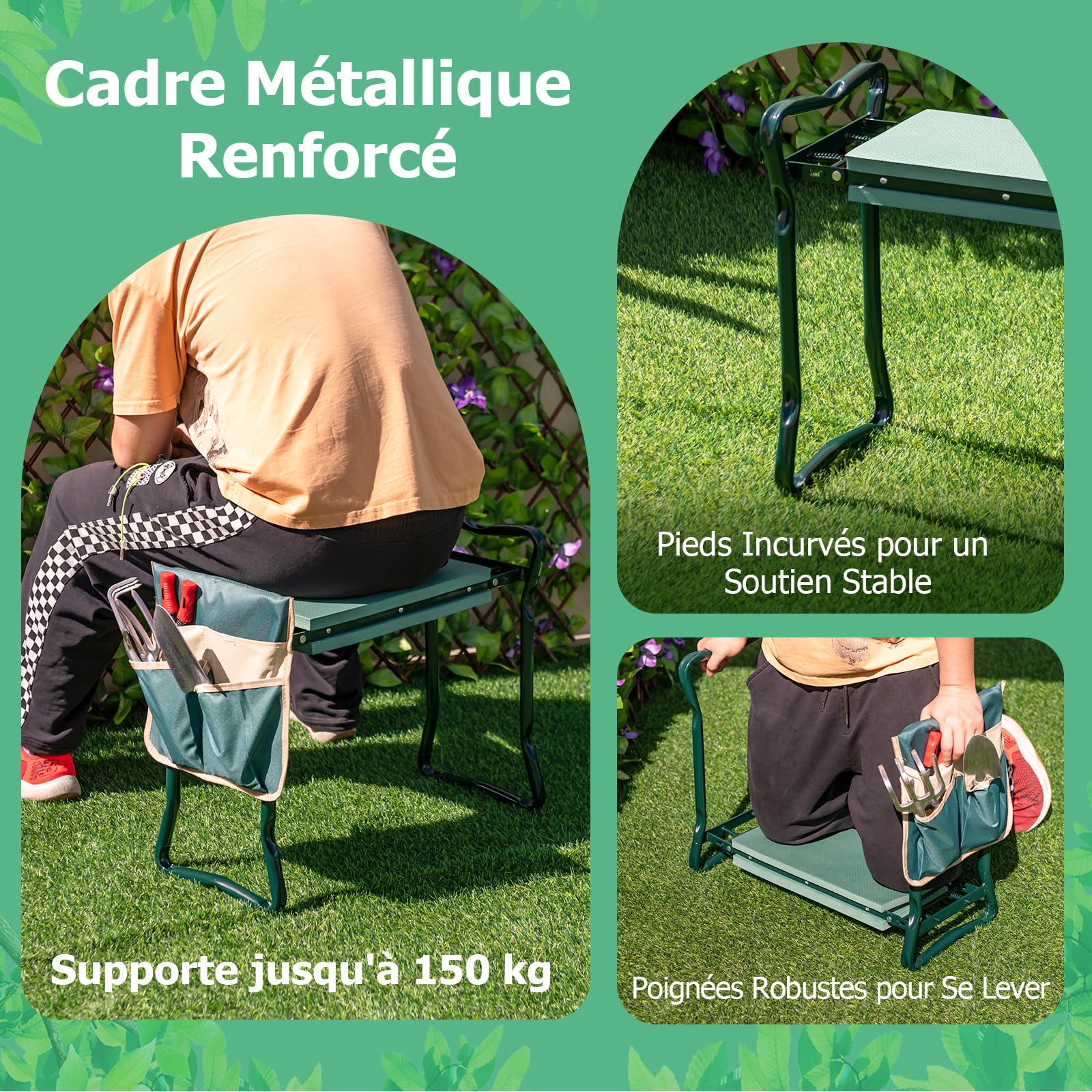 GOPLUS Banc de Jardin à Genoux et Assis, Siège de Jardin Portable avec Grande Poche à Outils et Coussin en Mousse EVA pour Les Genoux, Outil de Jardinage Pliable pour Les Jardiniers(2 Pochettes)