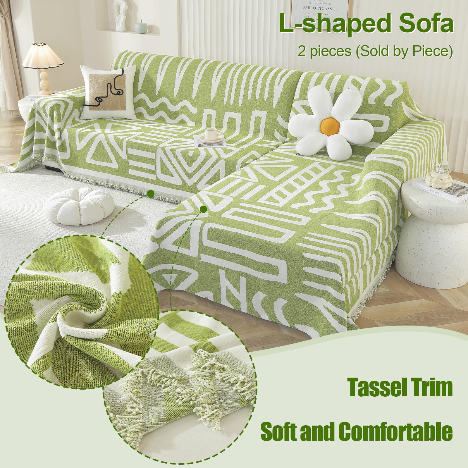 Royhom Boho Sofa Cover 3 Seater, Corner Sofa Covers L Shape, Washable Couch Cover with Tassel - Image 3
