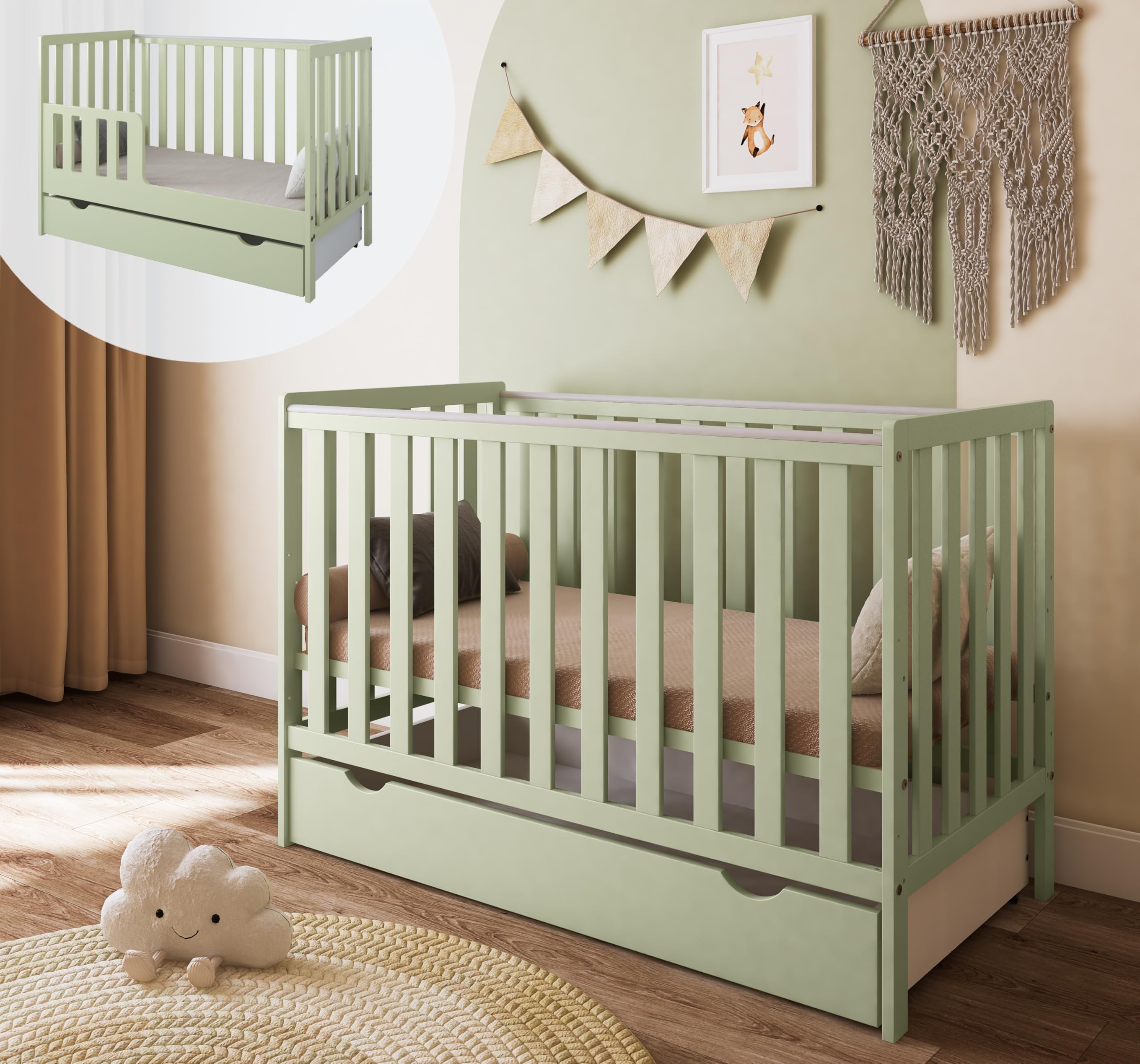 zee Cuna Bebé LUMI 120x60 cm 2 en 1 Convertible en Cama Infantil Verde Menta con Cajón y Barandilla Seguridad Madera de Pino Altura Regulable EN 716