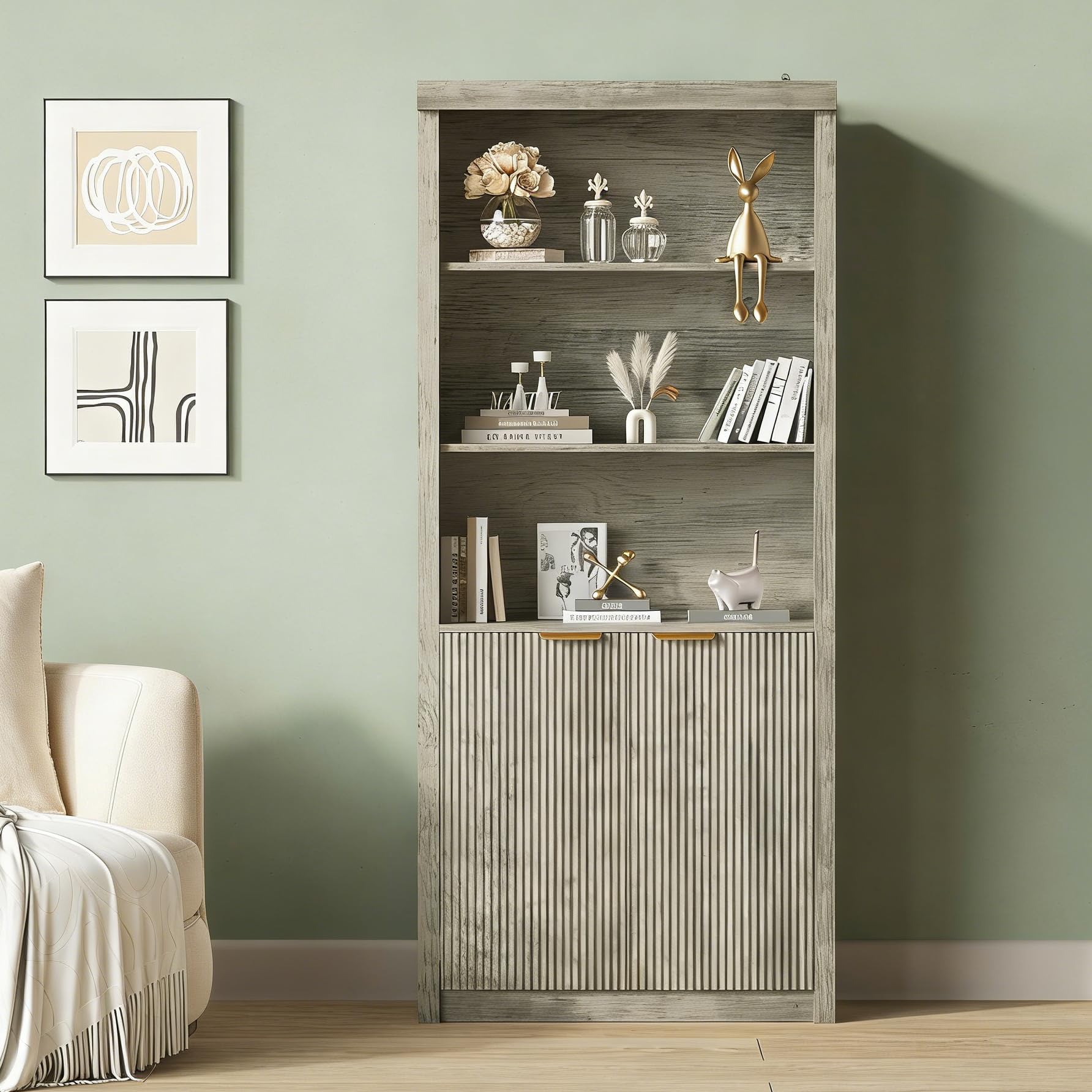 Garvee 71" Tall Bookshelf with Fluted Doors, 5 Tier Bookcase Display Shelves with Storage Cabinet & Adjustable Shelf, Mid-Century Modern Bookshelves for Home Office, Living Room, Oak