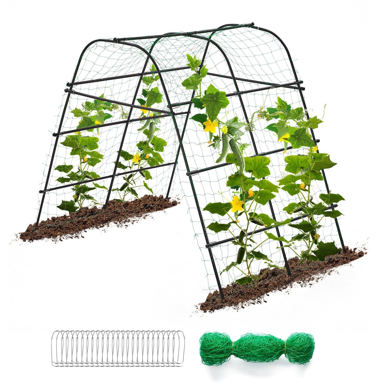 Cucumber Trellis for Raised Bed 67" x 67" U-Frame Garden Arch Tunnel with Netting Vegetable Fruit Flower Lightweight Metal Plant Support for Climbing Plants Outdoor,Black