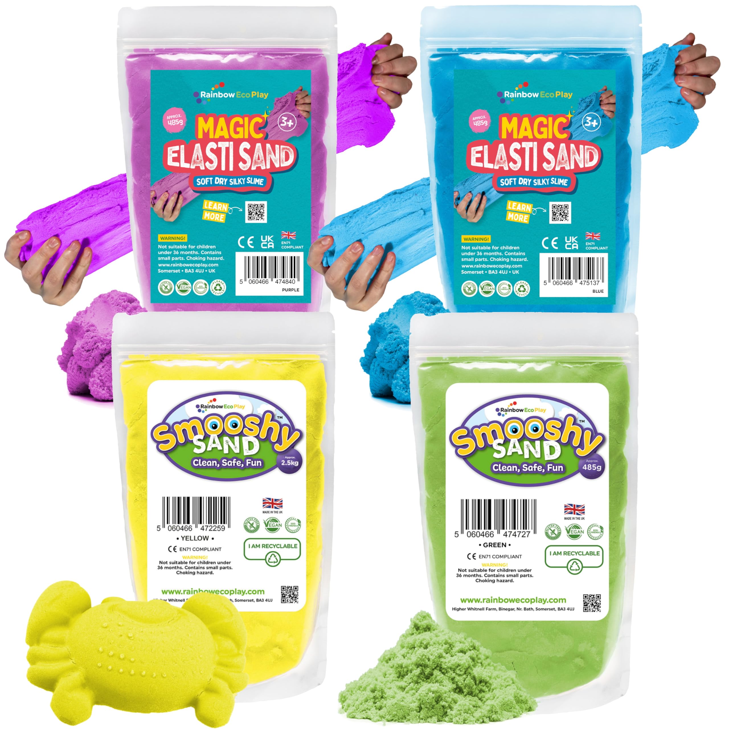 Rainbow Eco Play - Magic Elasti and Smooshy Sand - Assorted Colours – 4 x 485g - Magic Coloured Sand for Kids - Ideal for Childrens Sensory Play