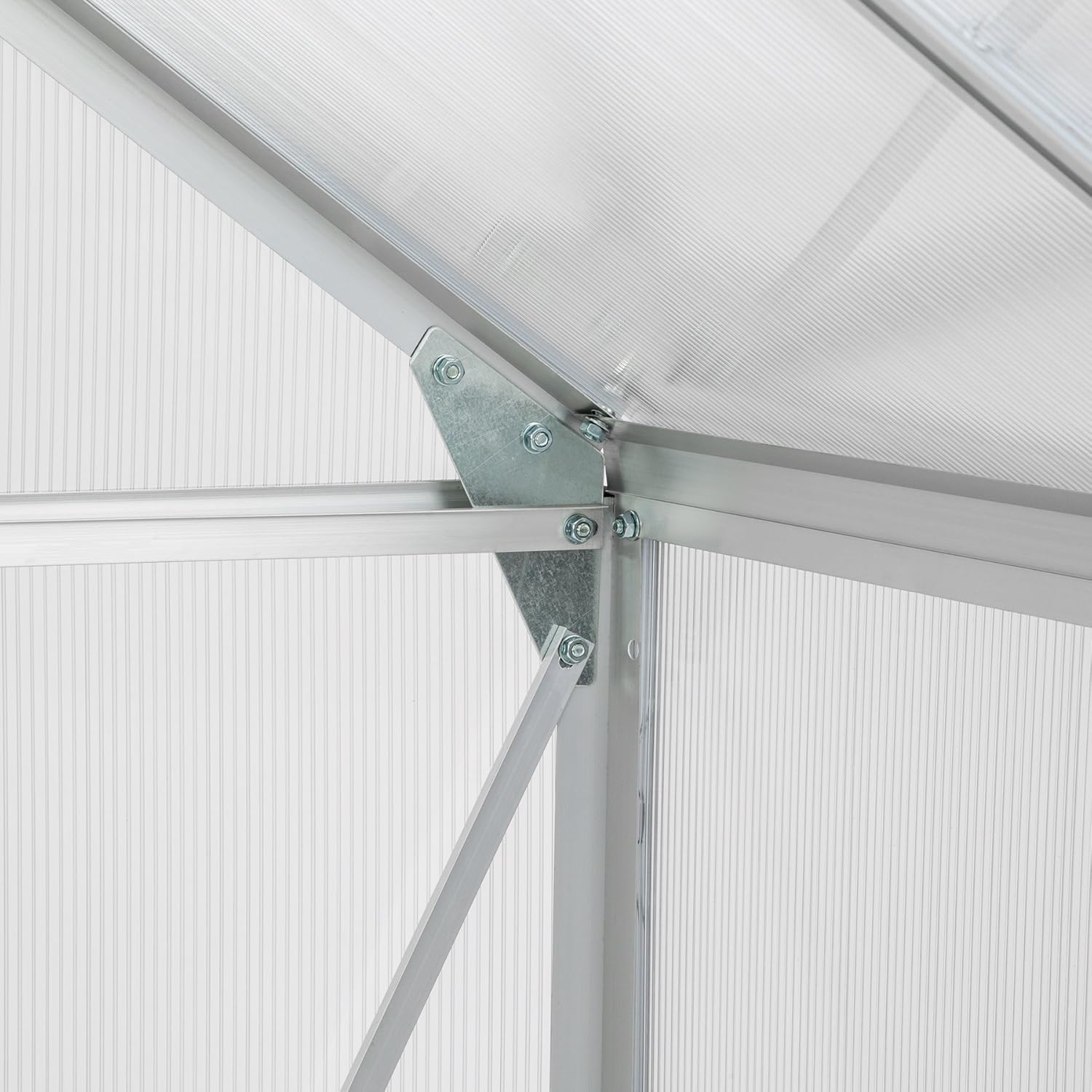 Close-up of a secure aluminum frame connection point on the TecTake Greenhouse