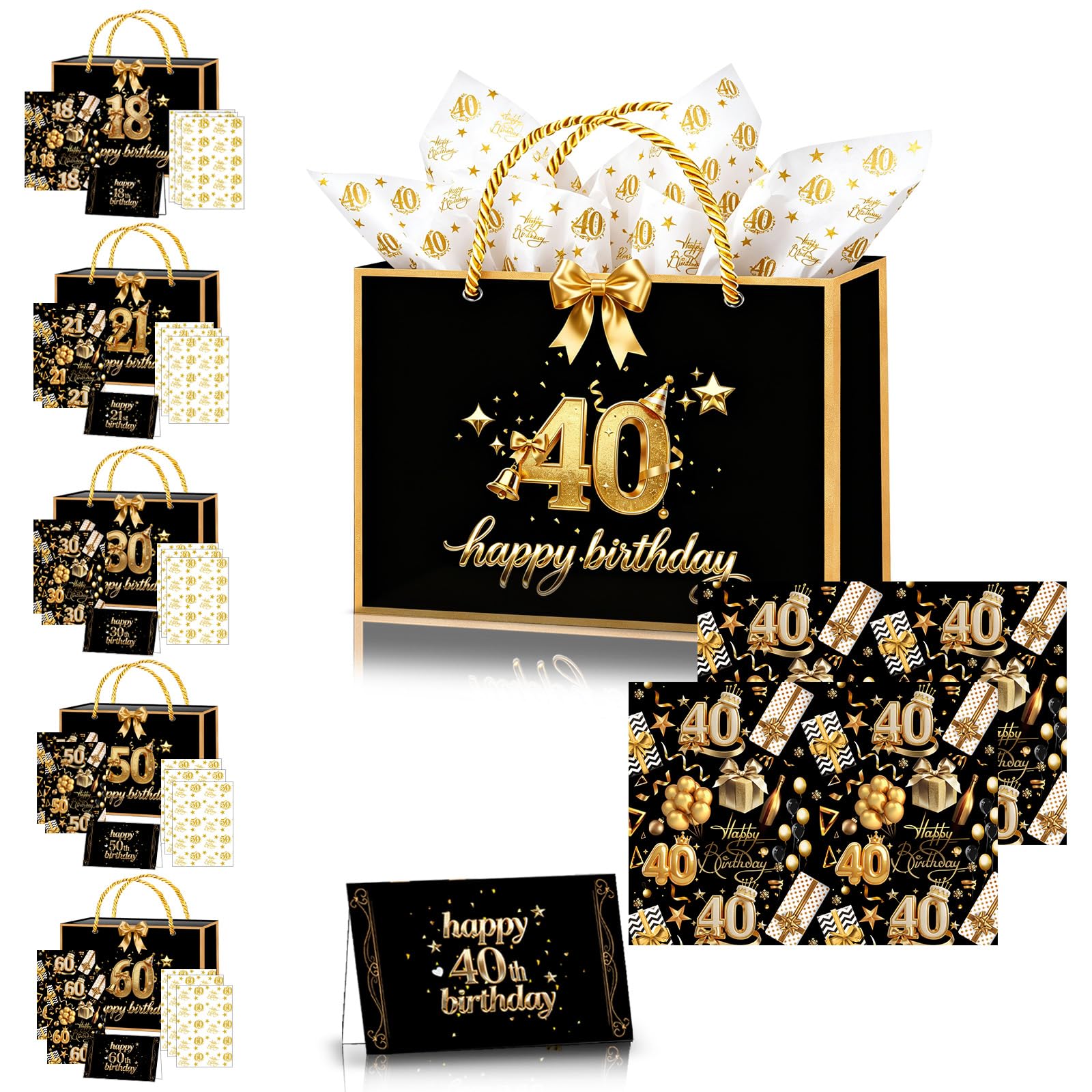 40th Birthday Gift Bag for Women Men,11×8×4" Black Gold 40th Gift Bag with 40th Birthday Wrapping Paper Tissue Paper Sheets Card and Ribbon for Him Her Female Male 40th Birthdays Present Decorations