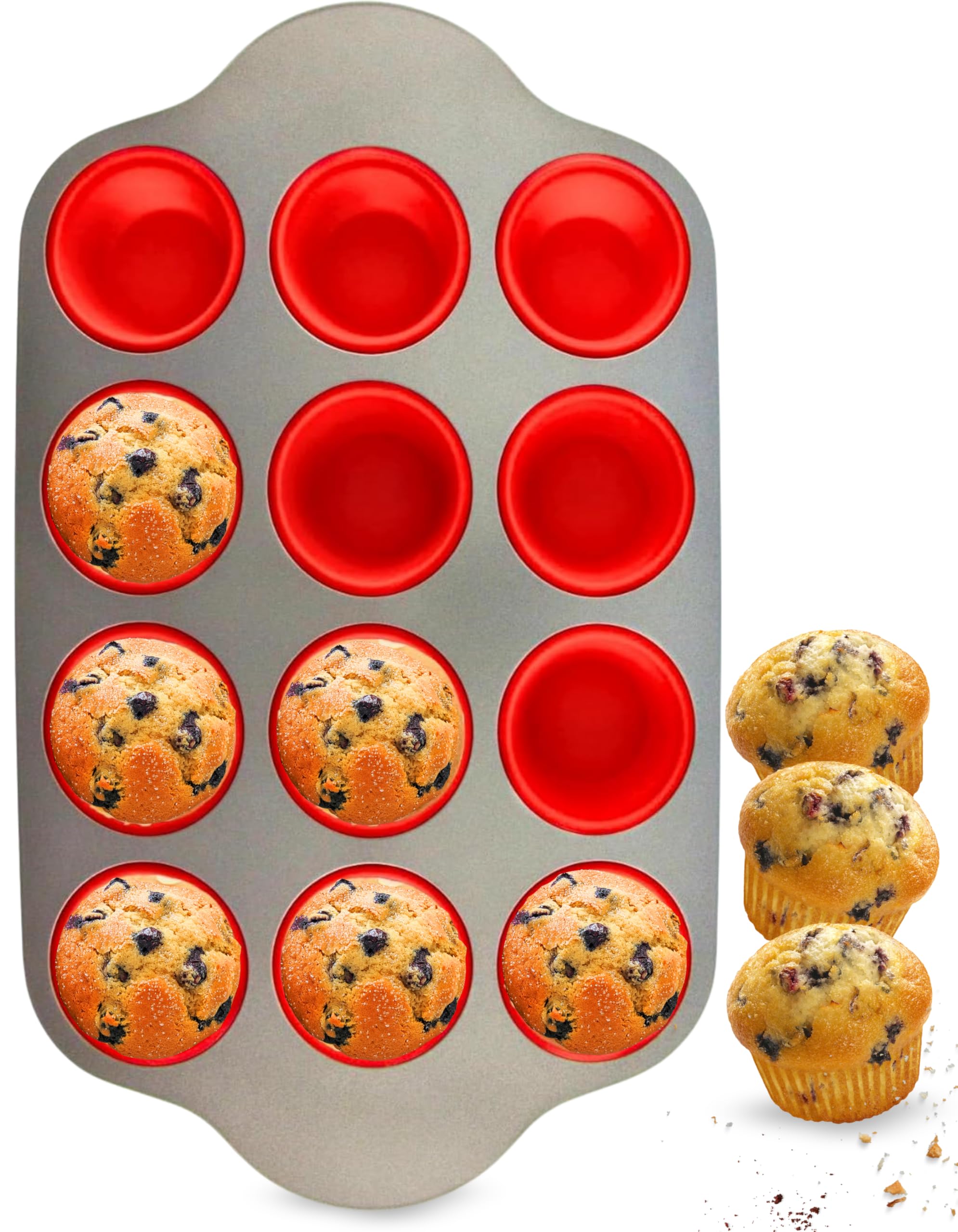 Non-Stick 12 Cup Silicone Muffin Pan with Steel Frame - BPA Free,