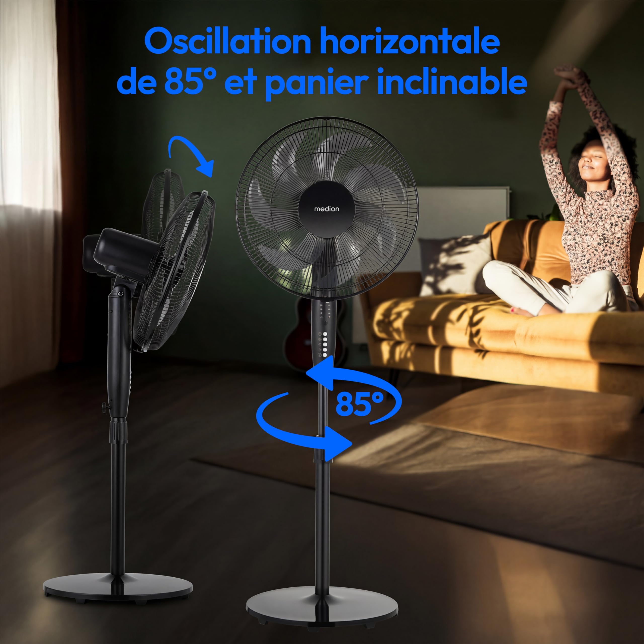 MEDION P21 SF Ventilateur sur pied avec télécommande (silencieux, 3 modes nuit nature oscillation, 3 vitesses, hauteur réglable jusqu’à 130 cm, oscillation, minuterie, MD12069) noir