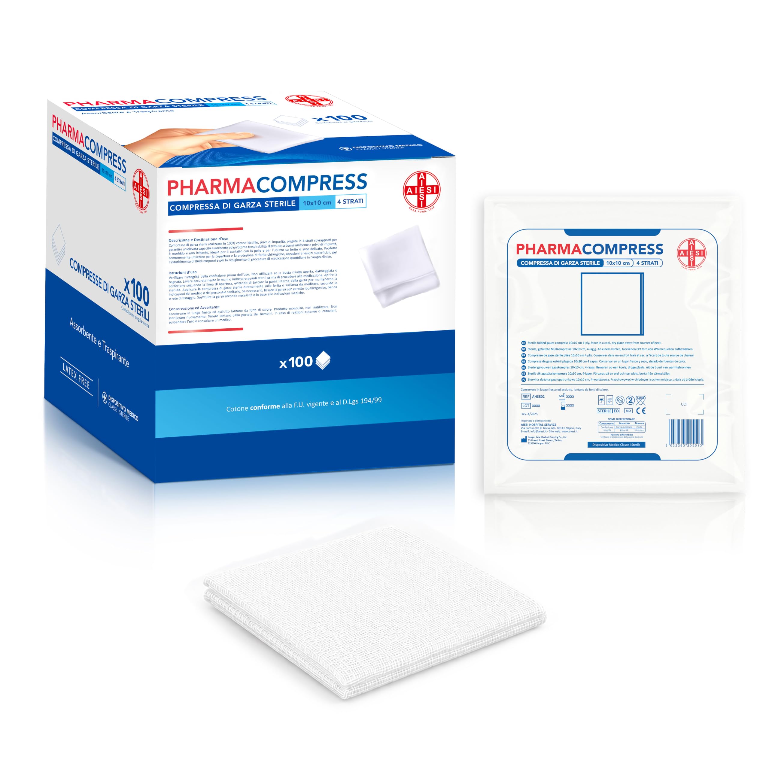 AIESI® Sterylne kompresy gazowe 10x10 cm (100 sztuk) pakowane pojedynczo PHARMACOMPRESS, składane kompresy bawełniane