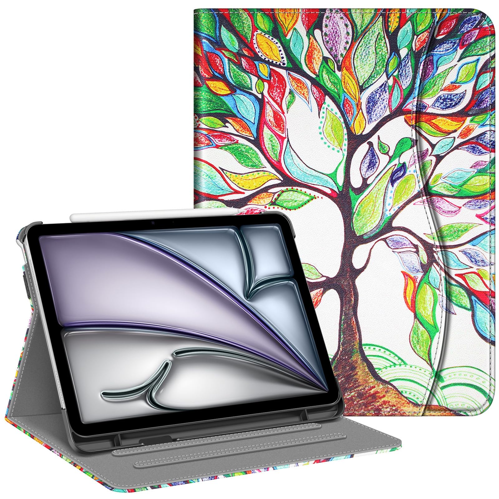 FintieCase for iPad Air 11-inch M2 (2024), iPad Air 5th / 4th Generation (2022/2020) 10.9 Inch, Multi-Angle Viewing Protective Cover with Pencil Holder & Pocket, Love Tree