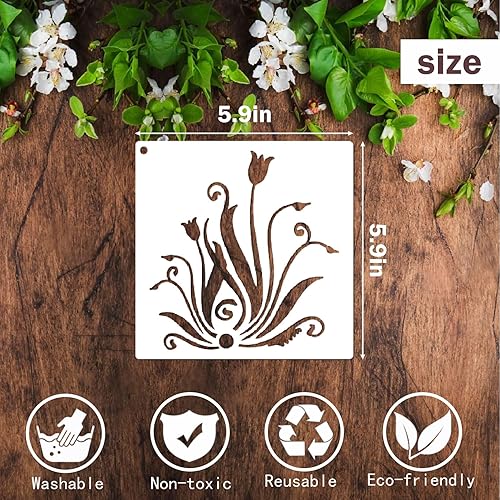 Miniatura 2 de yhslmh Plantillas florales para pintar en pared de muebles de madera, lienzo reutilizable, plantilla de remolinos de flores para manualidades,