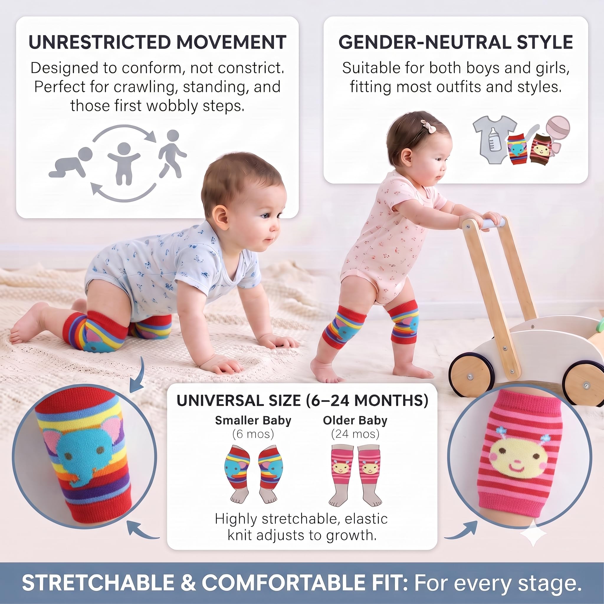 SAFE-O-KID Baby Knee Pads Set of 2 Pairs for Toddlers | Elbow & Knee Protector with Anti-Slip Silicone Dots | Soft, Stretchable & Breathable Support for Crawling & Walking (Assorted) 4