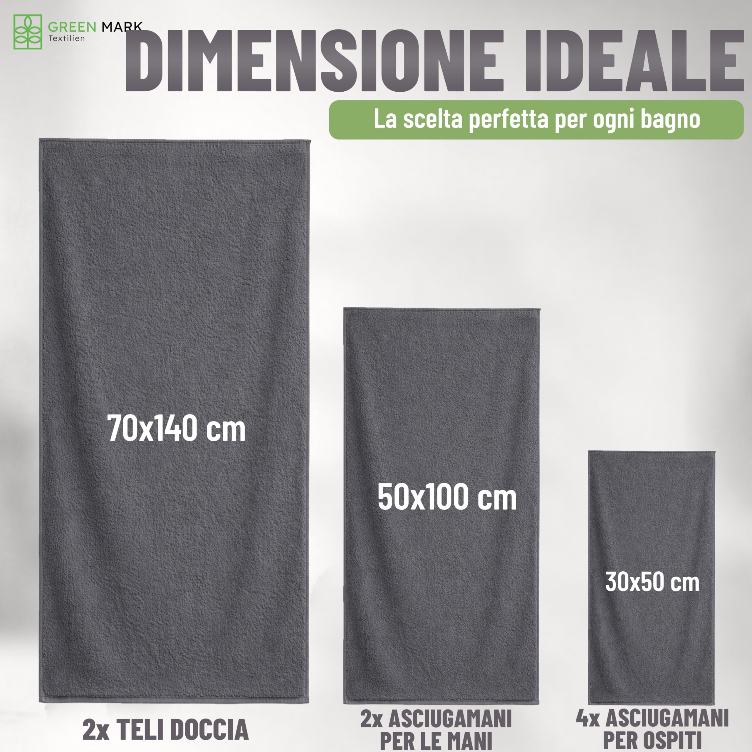 NatureMark set asciugamani 8 pezzi 100% cotone – 4 asciugamani ospite, 2 viso, 2 teli doccia, set bagno, Grigio Antracite – 30x50, 50x100, 70x140 cm