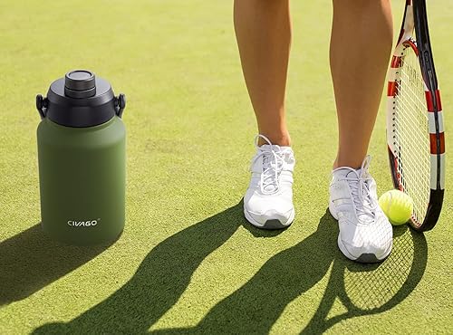 Miniatura 6 de CIVAGO Jarra de agua aislada de medio galón con asa, frasco de agua deportivo de acero inoxidable de 64 onzas, gran cantimplora de metal, leopardo