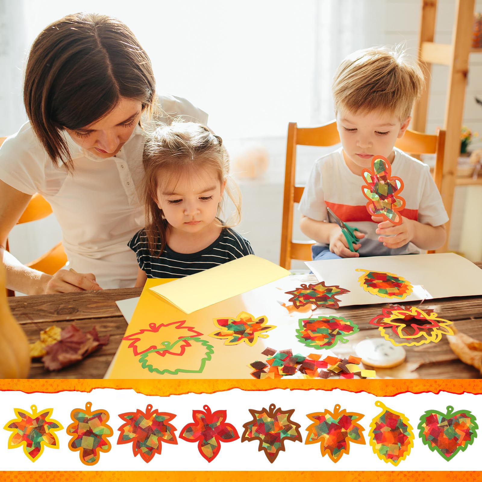 Containlol 24-teiliges Herbstblatt-Sonnenfänger-Bastelset, Herbst-Ahornblatt, DIY, Fenstermalerei, Basteln, Seidenpapier, Sonnenfänger, Dekoration, Ornament für Kinder, Klassenzimmer, Kunst,