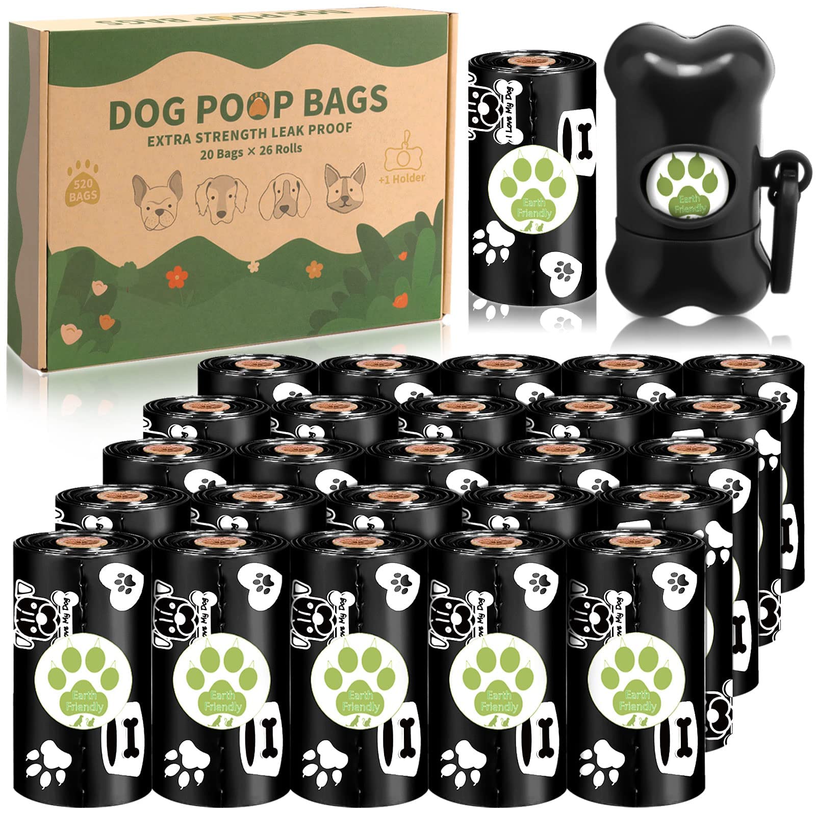 VIPNAJI Bolsas para excrementos de perro, bolsas caca perro con dispensador, Extra Gruesa Prueba de Fugas Bolsas Hecho de la Mezcla de almidón de maíz, (520 bolsas), Negro