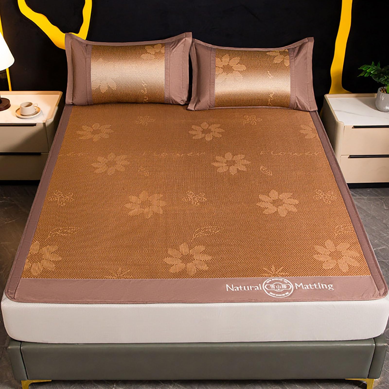 HYQOUKLR Rattan Mat Bed, Cooling Bamboo Ice Silk Mat, Foldable, Washable, with Pillowcases, Multiple Sizes(120cm)