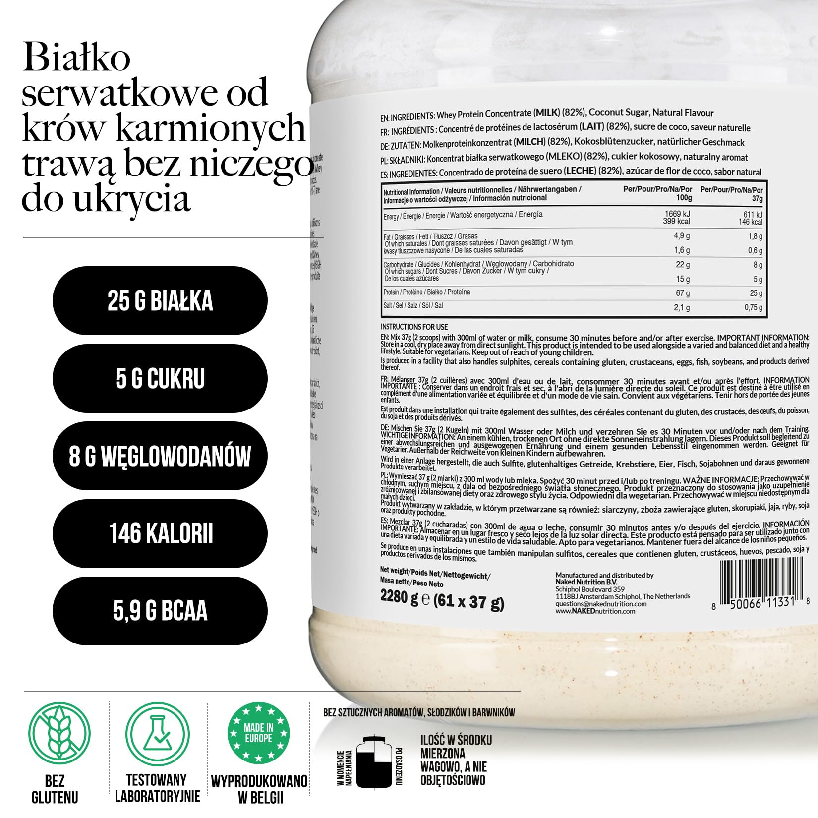 Naked Whey - Suplement diety w postaci proszku zawierający białko serwatkowe, o smaku waniliowym, bez GMO, bez soi, bez glutenu, wspomagający wzrost i regenerację mięśni, 2280 g