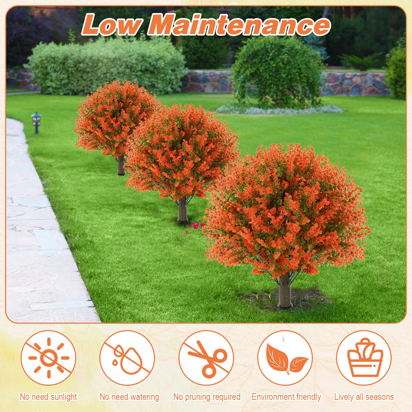 Yunlly 2 alberi di bosso artificiali da 45,7 cm, per esterni, resistenti ai raggi UV, arbusto finto con picchetto, decorazione per interni, giardino, cortile, portico, patio (arancione)