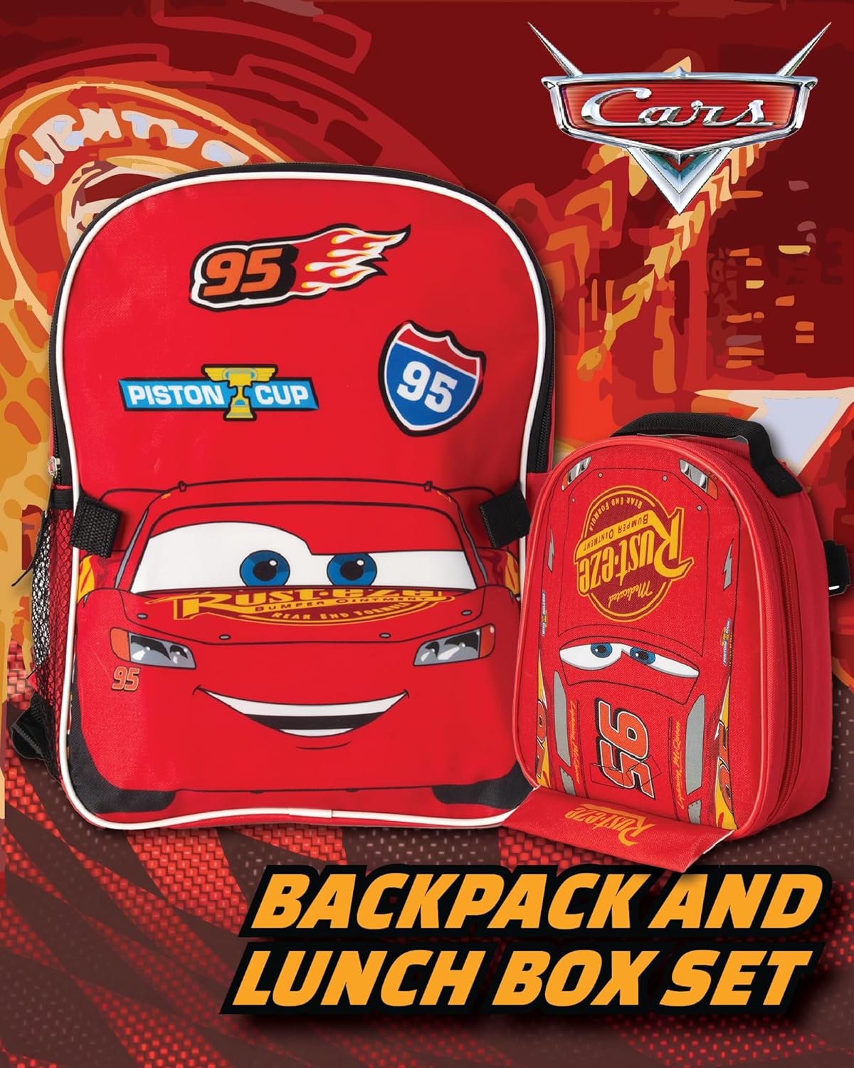 Fast Forward Cars Lightning McQueen Boys Backpack and Lunch Box Set - 14" Backpack with Lunch Box for Preschool Kindergarten, Cars Red