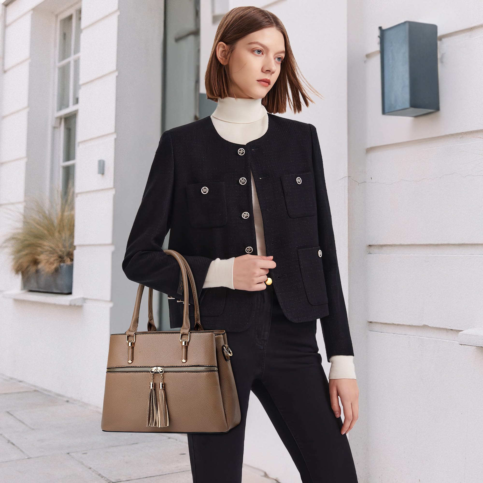Moda Bolso de Señoras Mediana PU Cuero Bolso de Mano Tote Cruzados con Bolsillos Múltiples Bolsa de Hombro para Trabajo Escuela Viajes Casual Compras Bolsos de Mujer Caqui