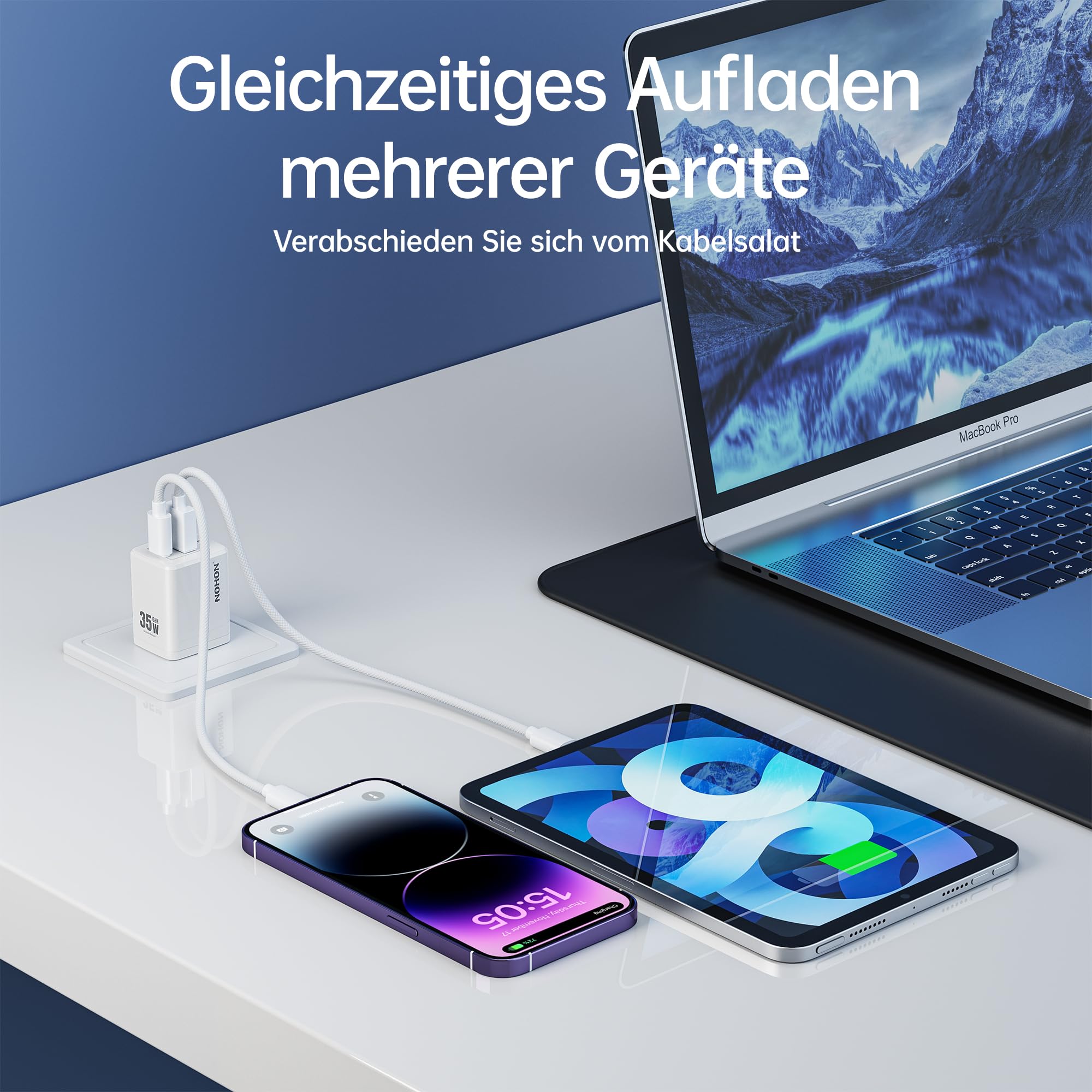 NOHON Ładowarka USB C do szybkiego ładowania: 35 W, zasilacz USB C z kablem do ładowania typu C 1 m, 2 porty GaN, wtyczka ładowania telefonu komórkowego kompatybilna z iPhone 15/14/13/12 Mini Pro