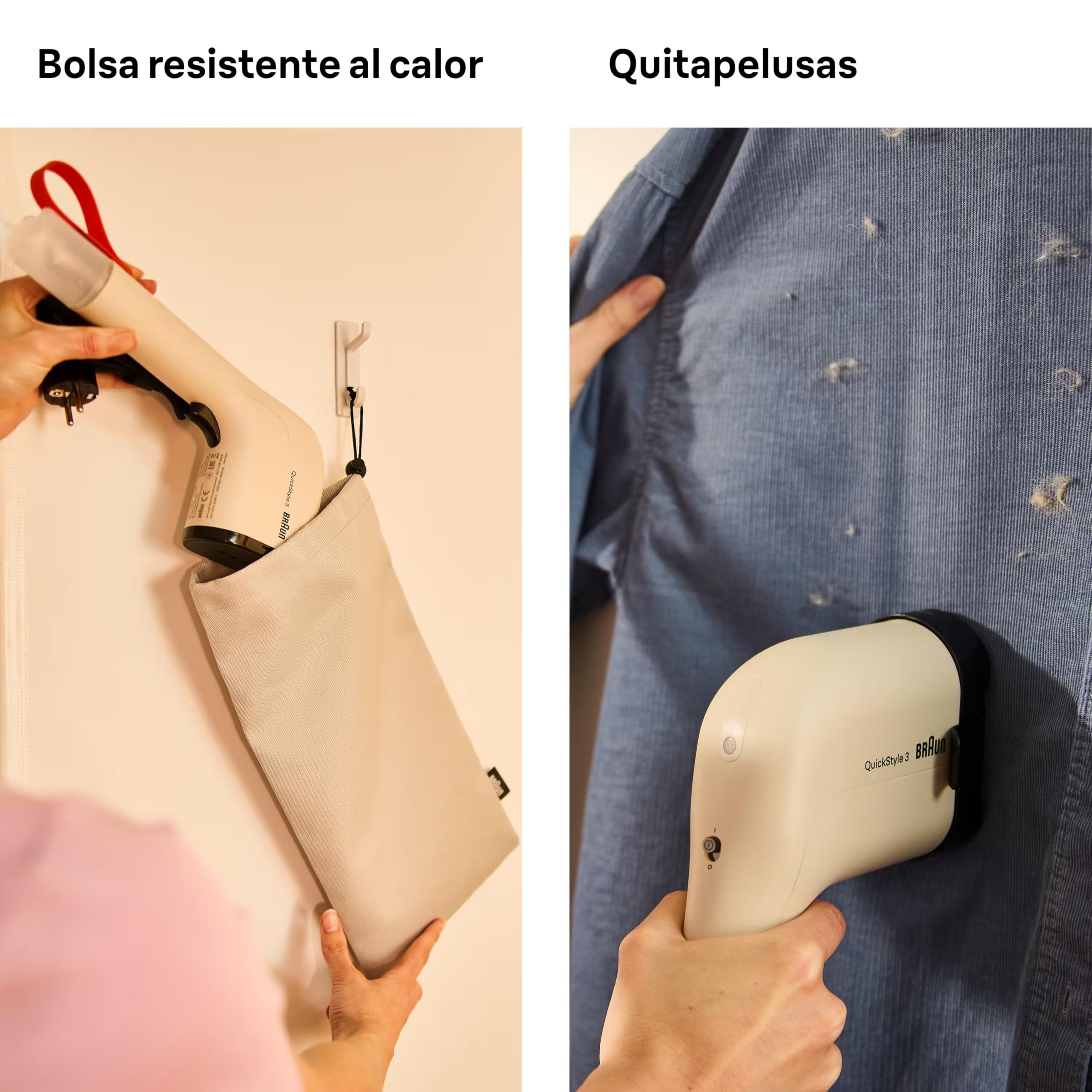 Braun QuickStyle 3 - Plancha de Vapor Vertical Compacta y Ligera con Calentamiento Rápido, Vapor 20g/min, Depósito Extraíble 70ml, Funda Resistente al Calor, Beige (GS3012BG)