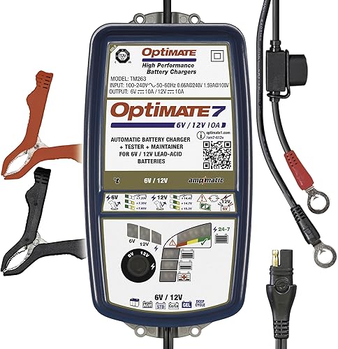 Optimate7 6V/12V - 10A, cargador y mantenedor de ahorro de batería de alto rendimiento para baterías de automóviles, AGM, ciclo profundo y RV