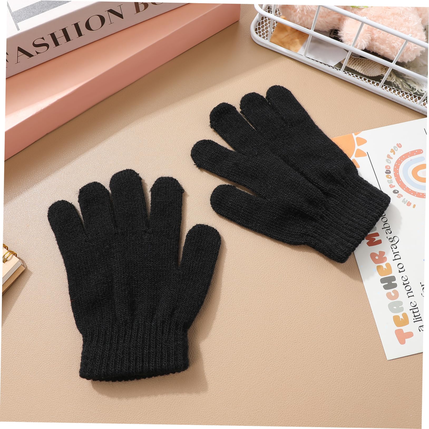 Guantes Calientes de Punto Negro para Niños de 4 a 12 Años Guantes de Cinco Dedos Cálidos para Exterior y Uso Escolar Tejido Elástico Ajustable