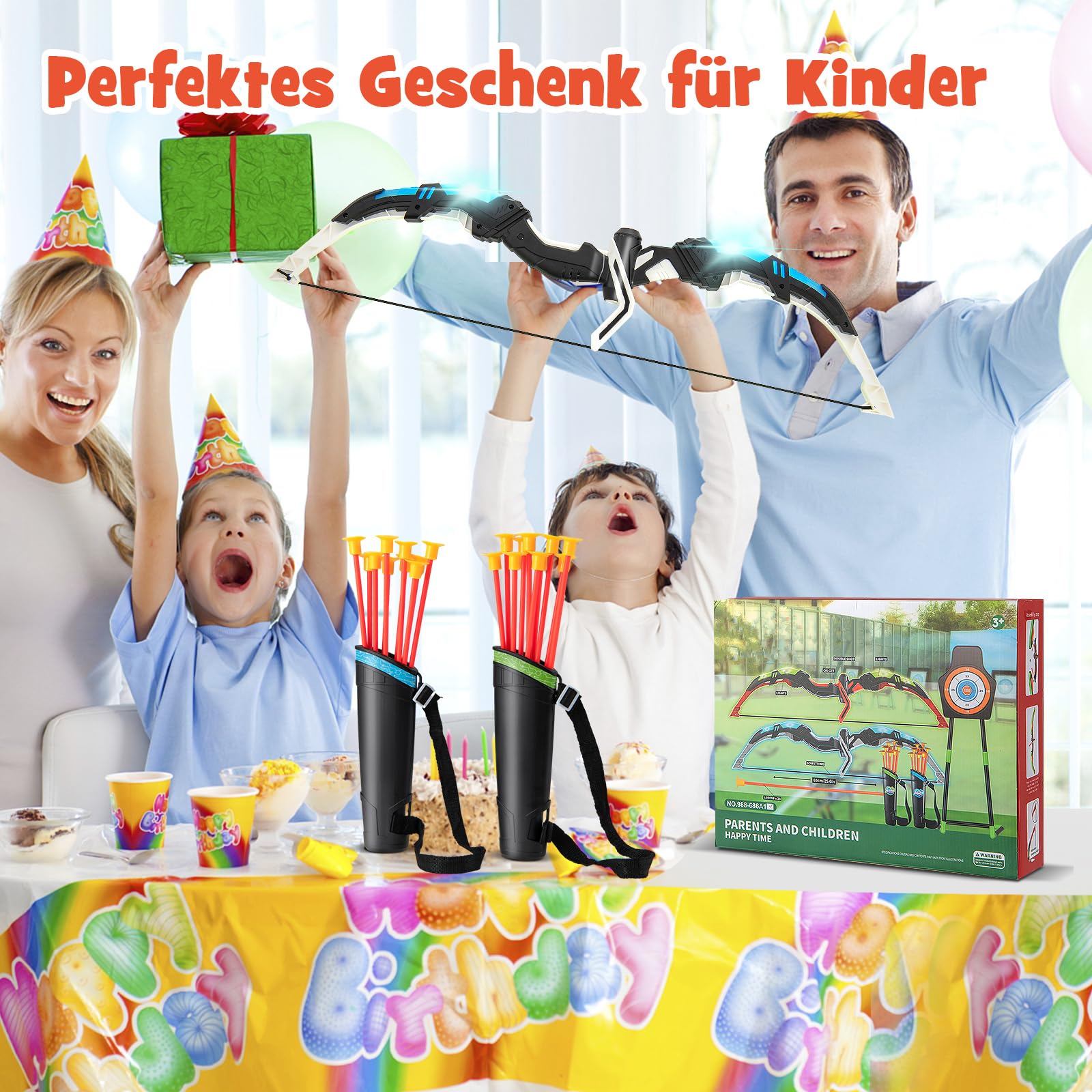 COSTWAY 2 er Set Boden und Pfeil Set, Bogenschießen Set mit LED Lichtbögen, 20 Pfeilen, 2 Köchern & Zielscheibe, 2 in 1 Kinderbogen stehend/hängend für drinnen und draußen für Kinder ab 3 Jahren