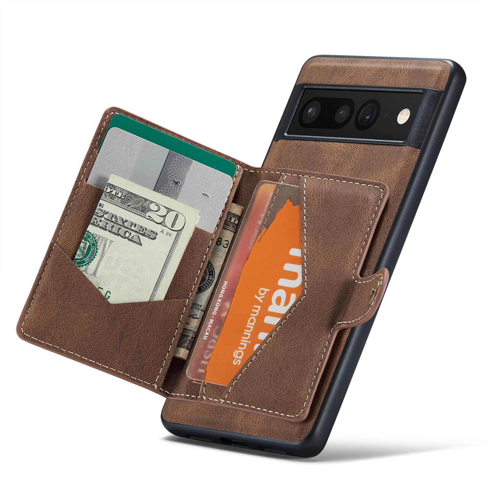 HXY Case for Google Pixel 7 2022, Detachable Magnetic Wallet Credit Card Cash Slot Case Cover Support Wireless Charging Functional Kickstand Compatible with Google Pixel 7 2022 (Brown)