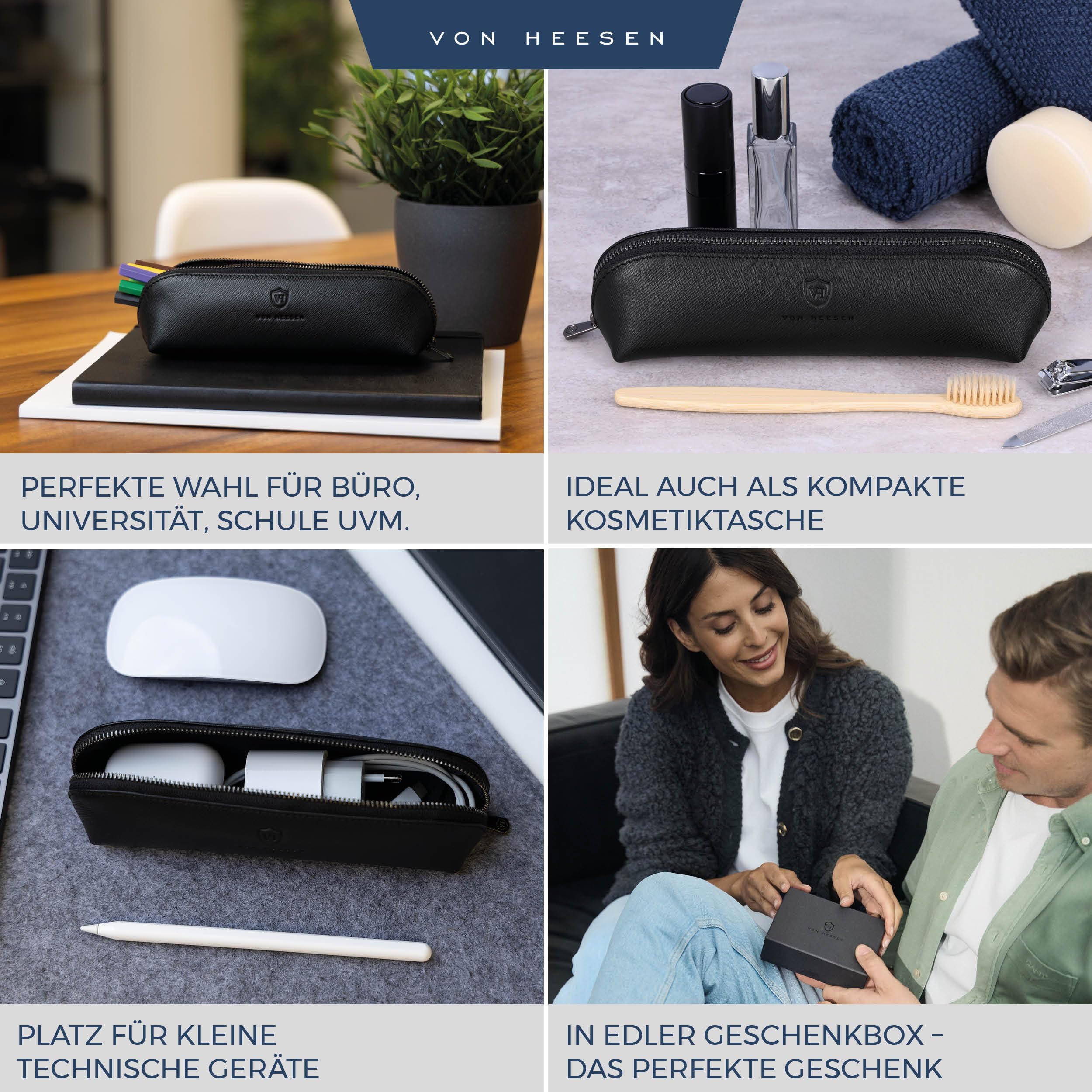 VON HEESEN® Echtleder Federmäppchen Leder Federmappe Etui für Stifte Mäppchen Schule Federtasche Uni Schlampermäppchen (Saffiano)