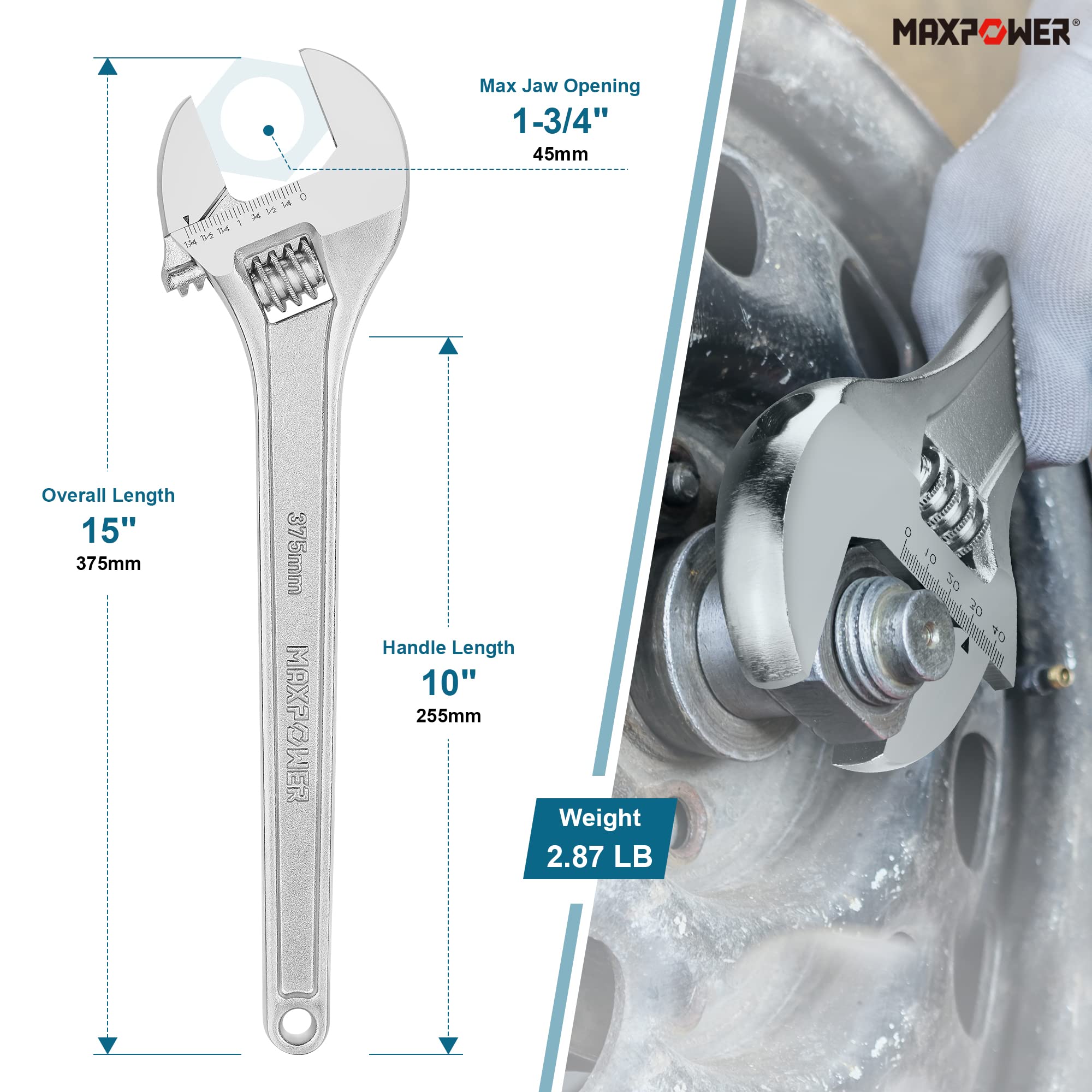 MAXPOWER Adjustable Wrench 15 inch, Cr-V Steel Spanner, Metric & SAE Scales, Silver - Image 3
