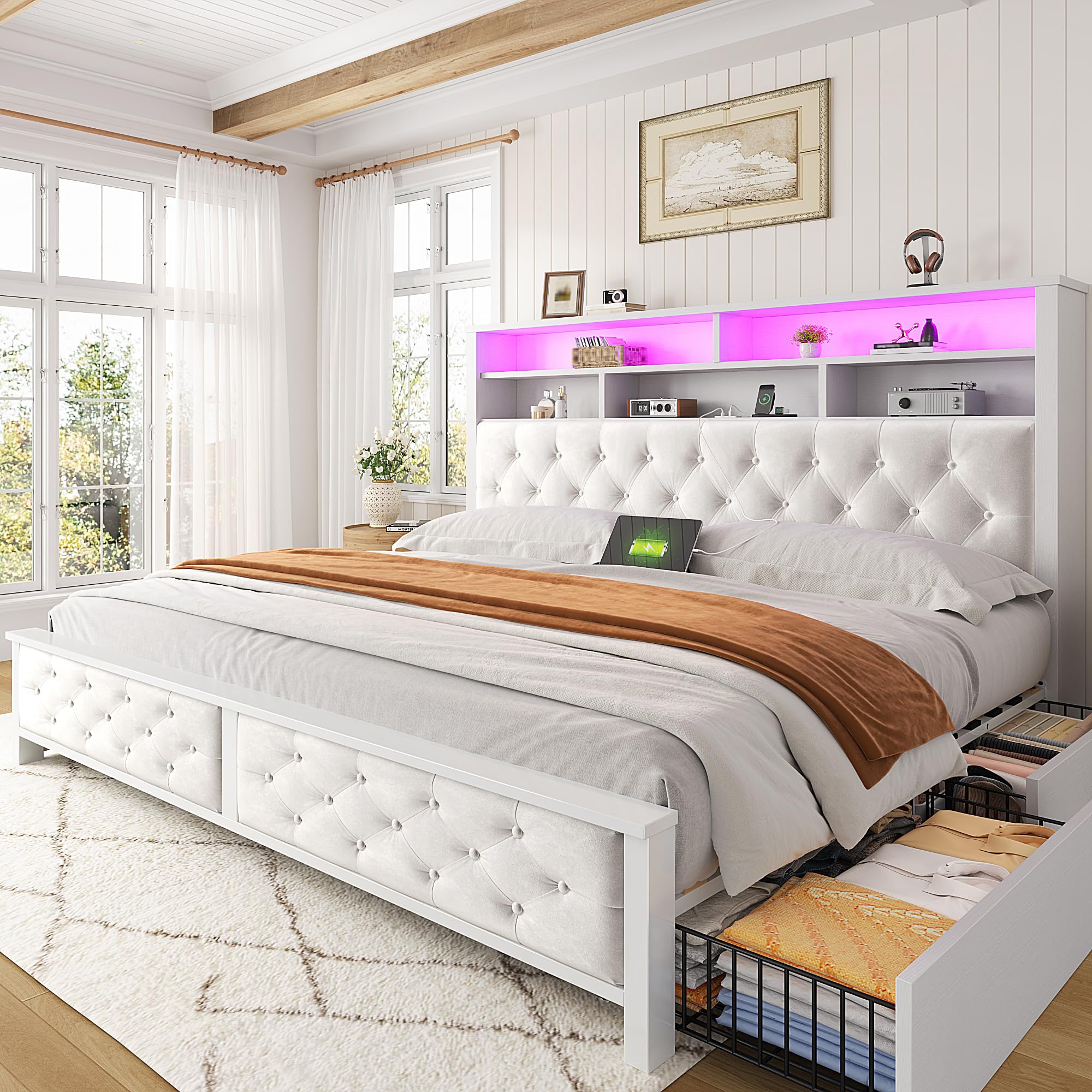 EnHomee King Size Bed Frame with 4 Drawers and Upholstered Storage Headboard,Wooden King Bed Frame with Charging Station and LED Lights,NO Noise,No