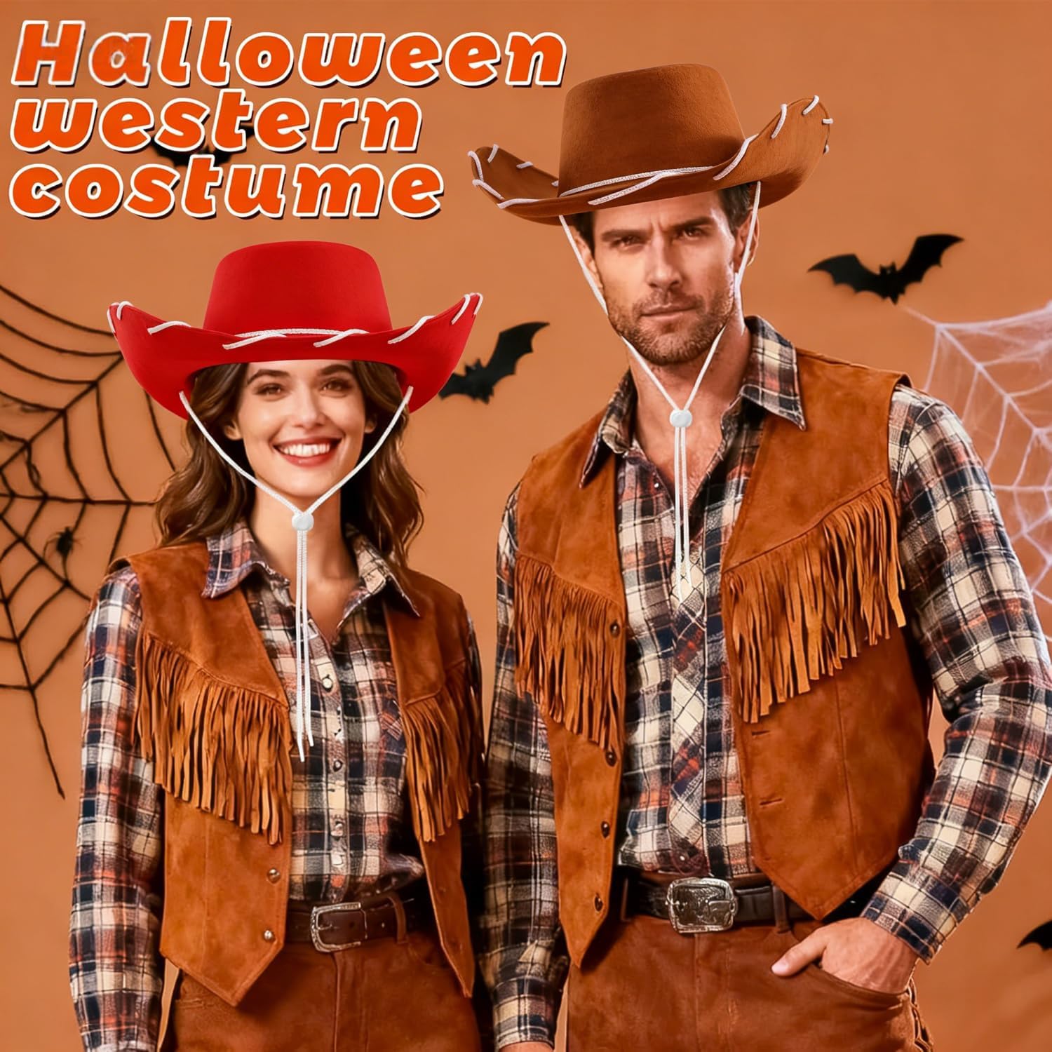 Red Cowgirl Hat Brown Felt Cowboy Hat 2Pcs Western Sheriff Costume Hats for Men Women Wild West Rodeo Halloween Cosplay Themed Party