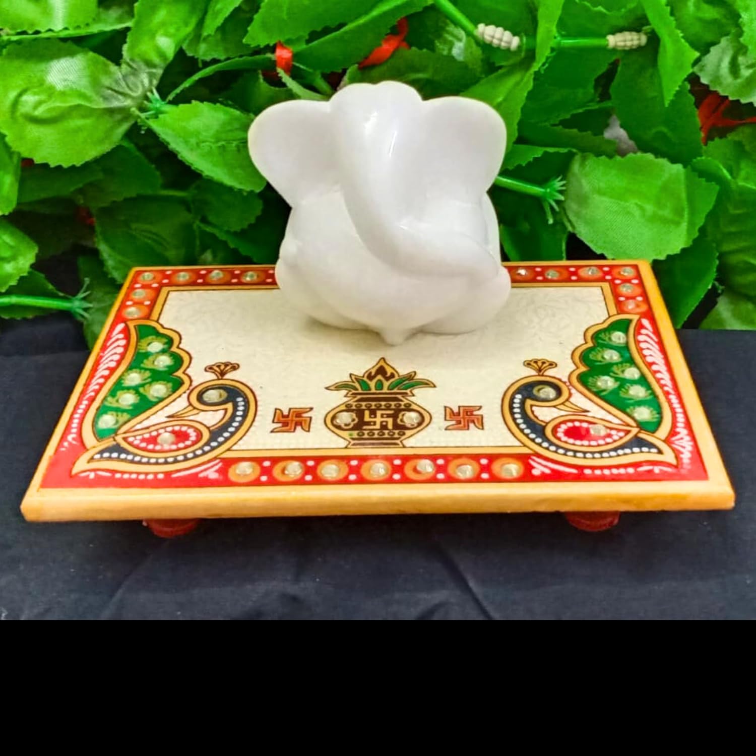 Handcrafted Marble Pooja Chowki 6x4 Inch – Decorative Peacock Design Puja Aasan Chaurang Bajot for God Idols, Kalash & Mandir | Pooja Peeta Platform for Home Temple, Festivals & Rituals