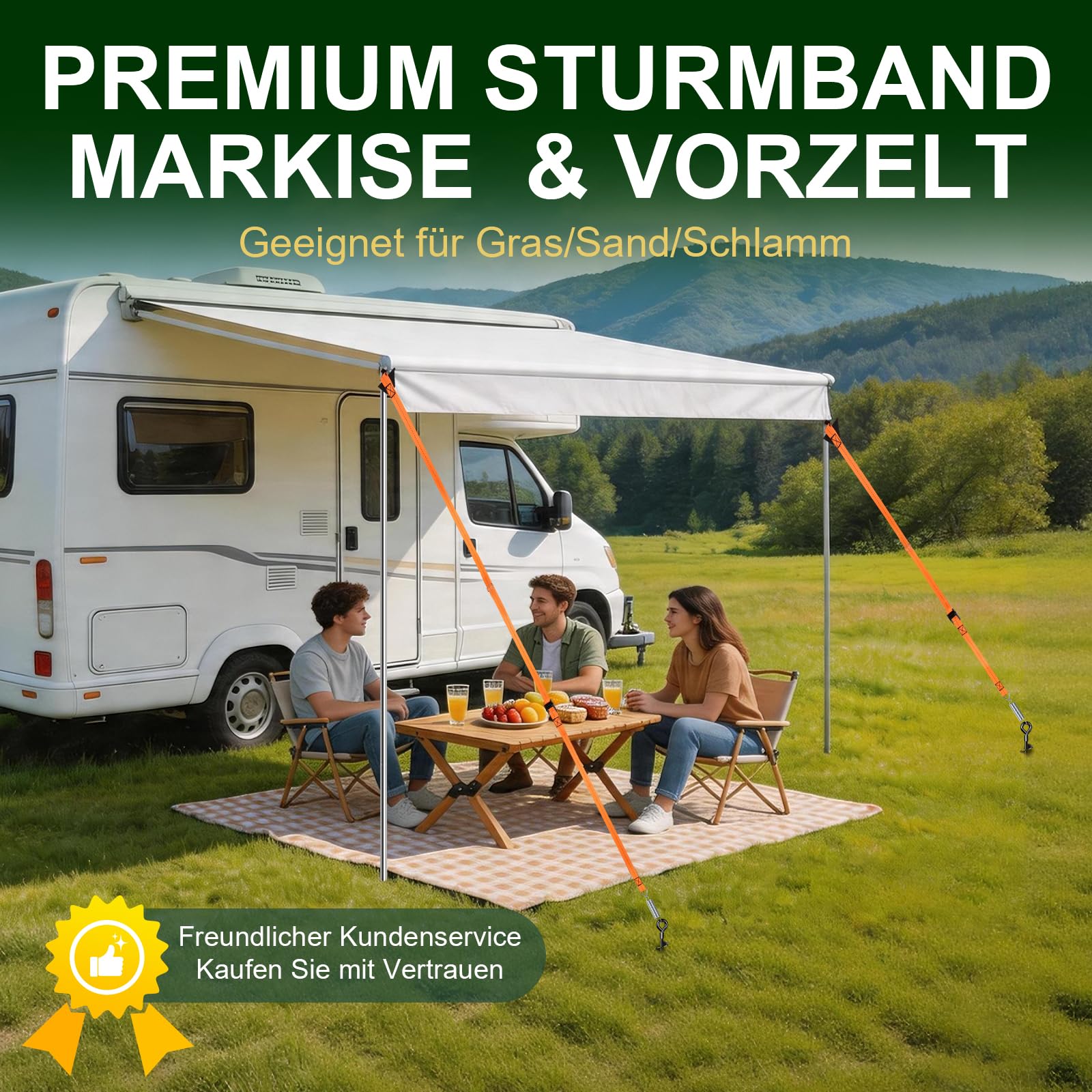 Sturmband Markise & Vorzelt für Thule & Fiamma, Sturmsicherung Wohnmobil Zubehör mit 37CM Spiralförmige Bodenanker