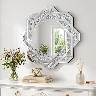 32" Octagonal Wall Mirror, Glam Diamond Mirror Wall Decor | Elegant Decorative Mirror with Beveled Glass Frame, Great for Living Room, Bathroom, Entryway, Bedroom