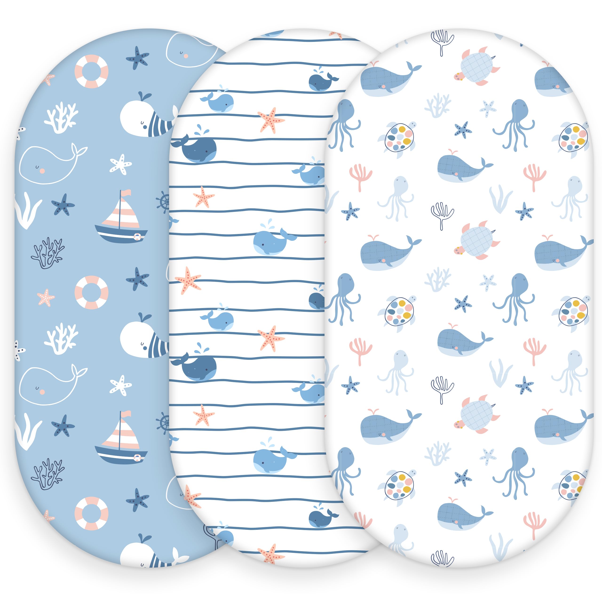 Baby Bassinet Sheets, 3 Pack Fitted Bassinet Mattress Sheets, Compatible with Halo Bassinest Swivel Sleeper &amp; Oval Hourglass Rectangle Mattress, Ultra Soft Blue Ocean Whale